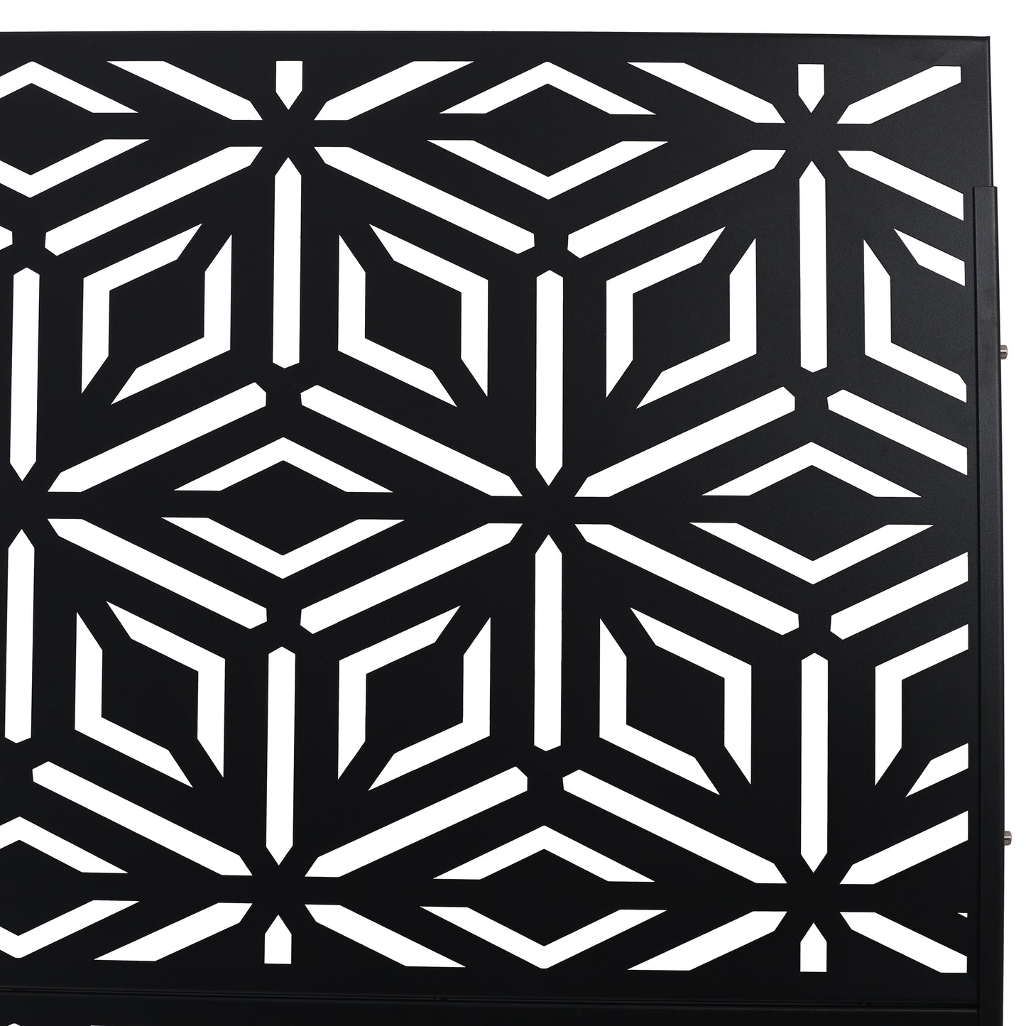 Black geometric metal screen panel with repeating starburst pattern