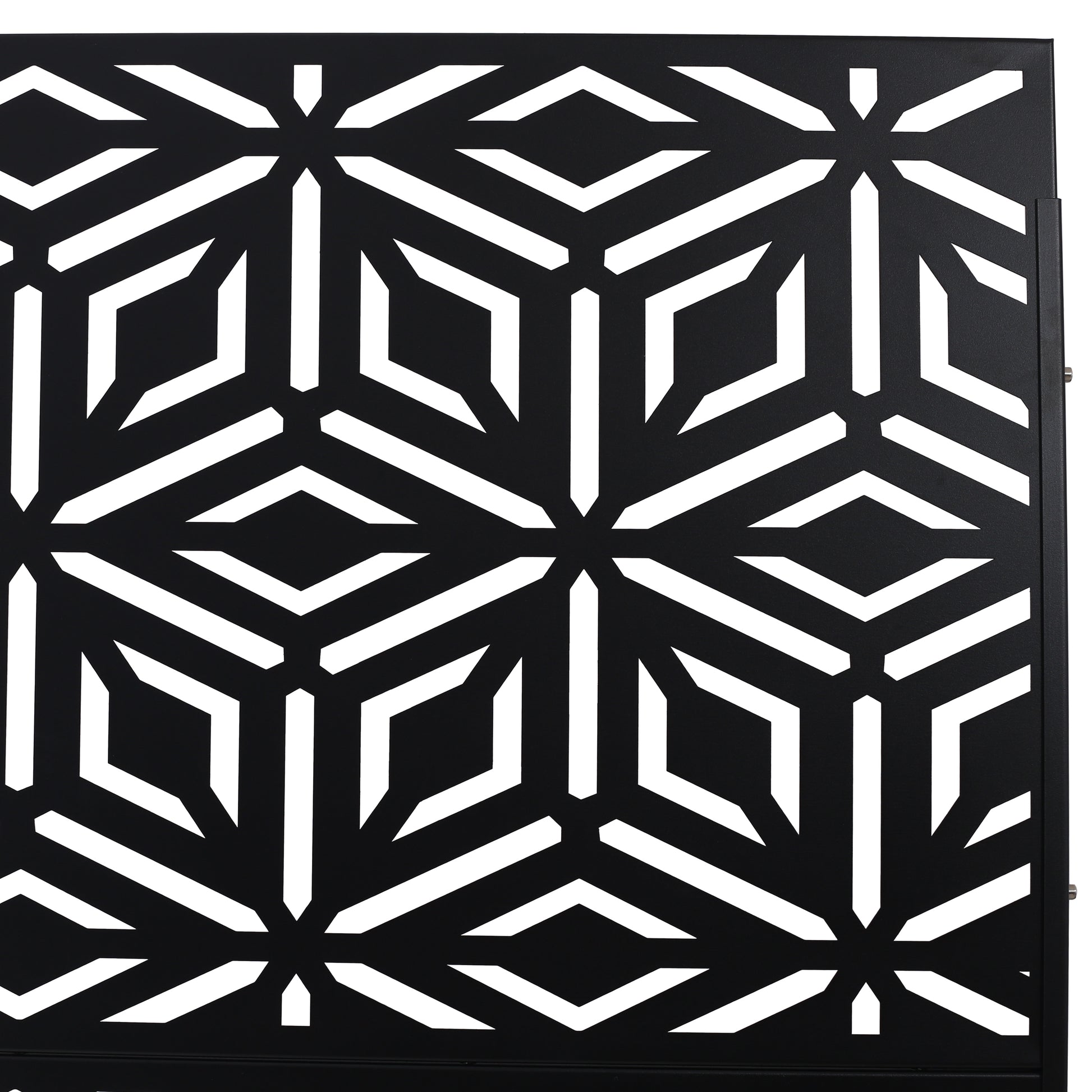 Black geometric metal screen panel with repeating starburst pattern