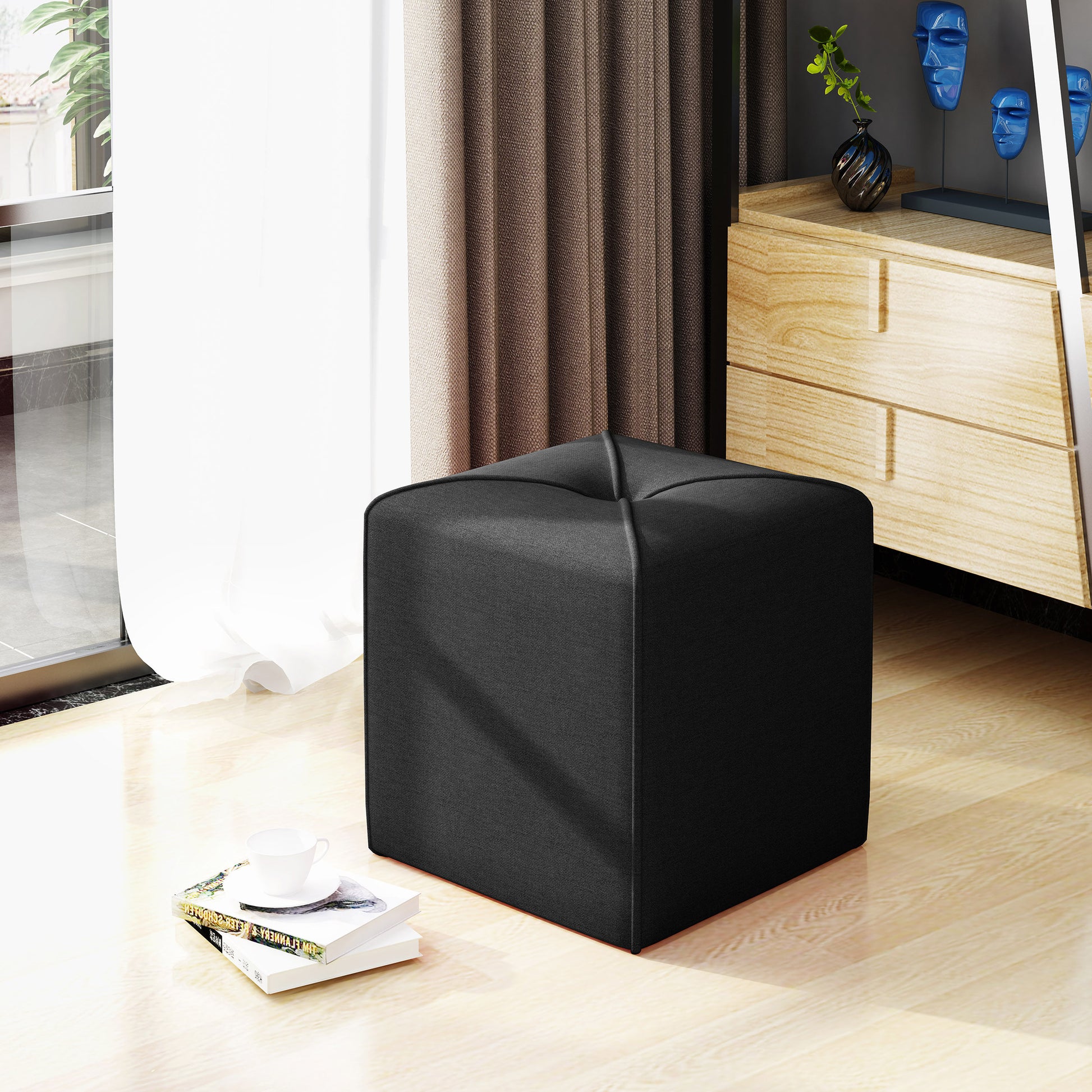 Black fabric cube ottoman with tufted top