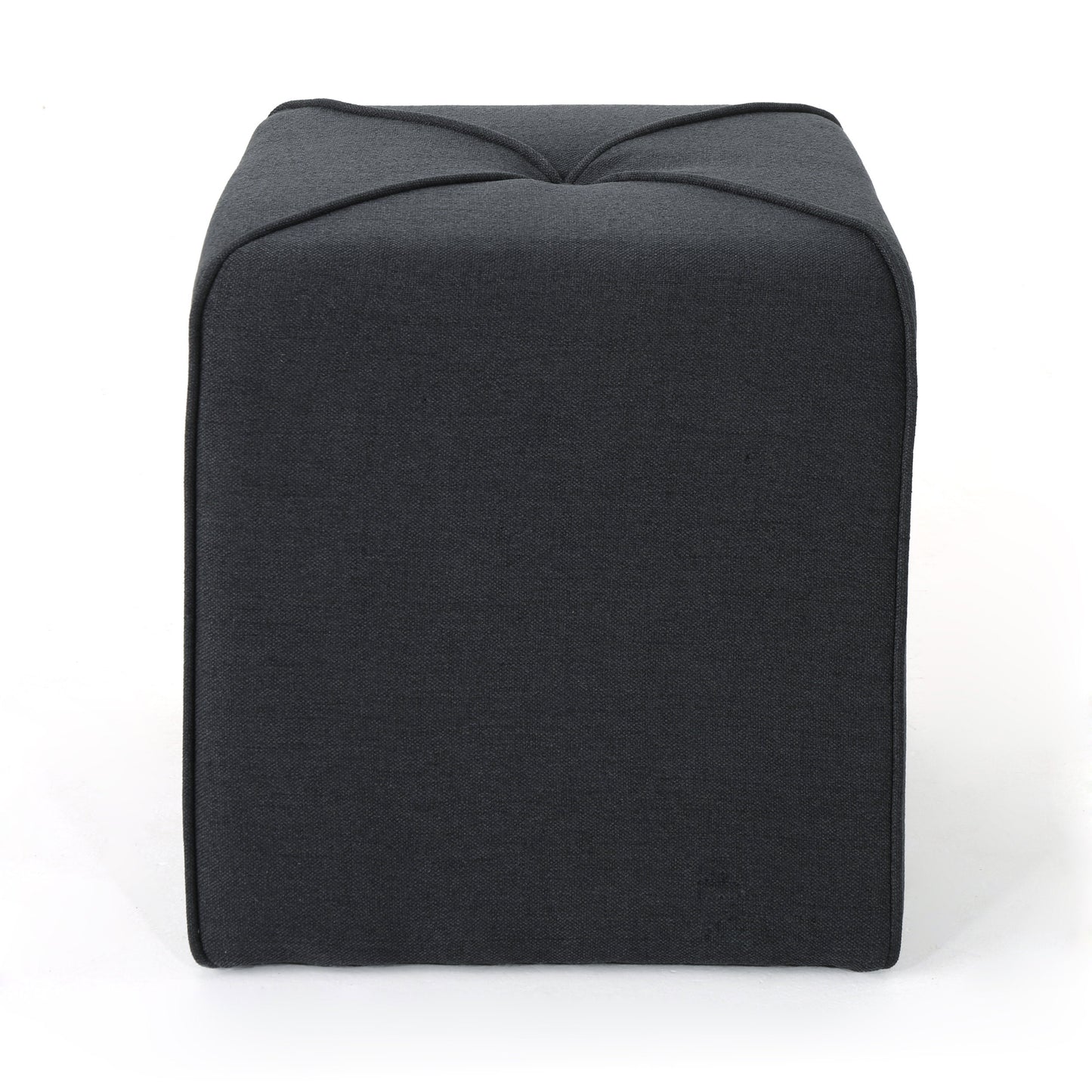 Charcoal fabric cube ottoman with tufted top and piped edges