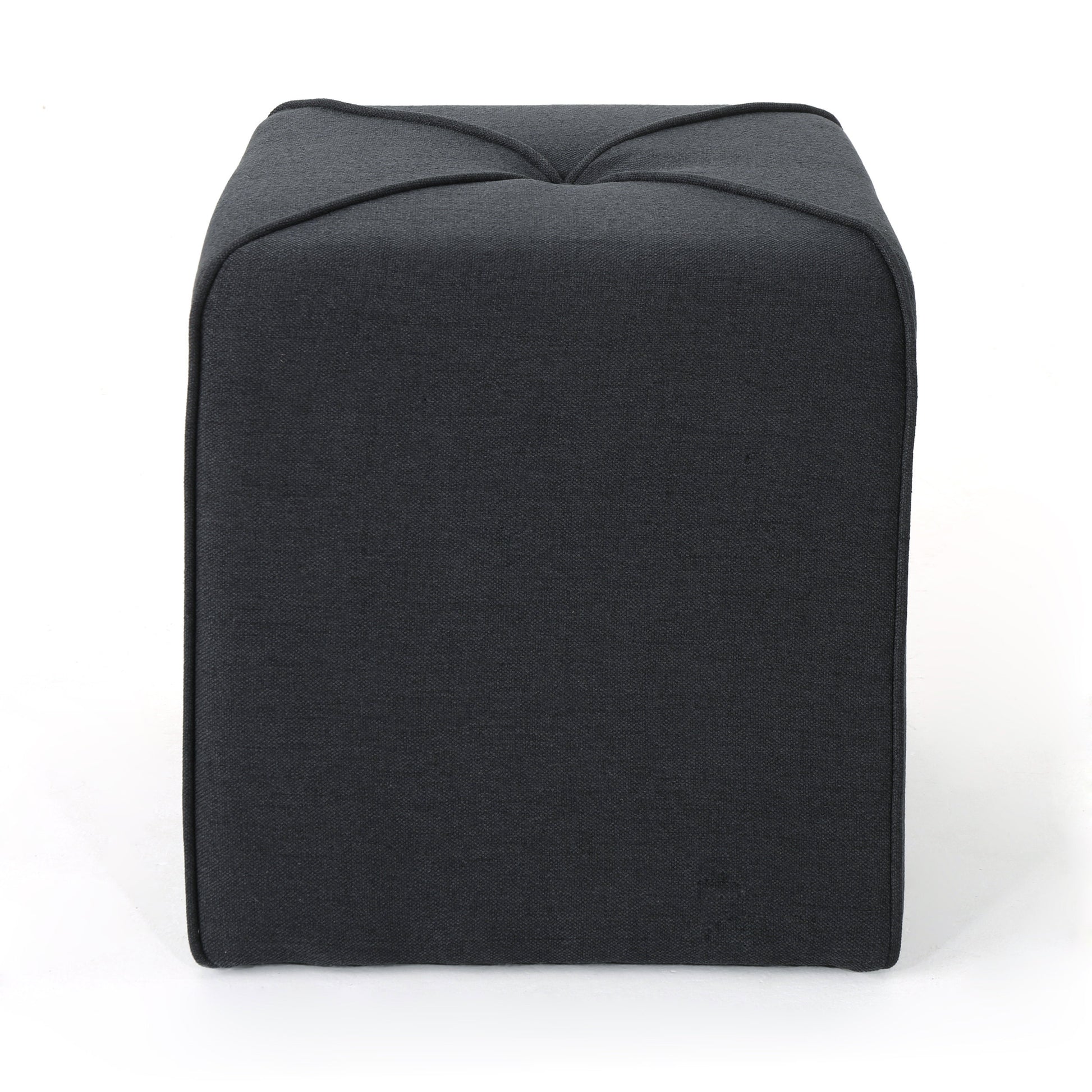 Charcoal fabric cube ottoman with tufted top and piped edges