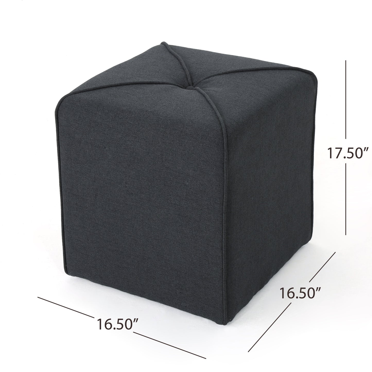 Dark gray fabric ottoman with tufted top and piped edges  wide