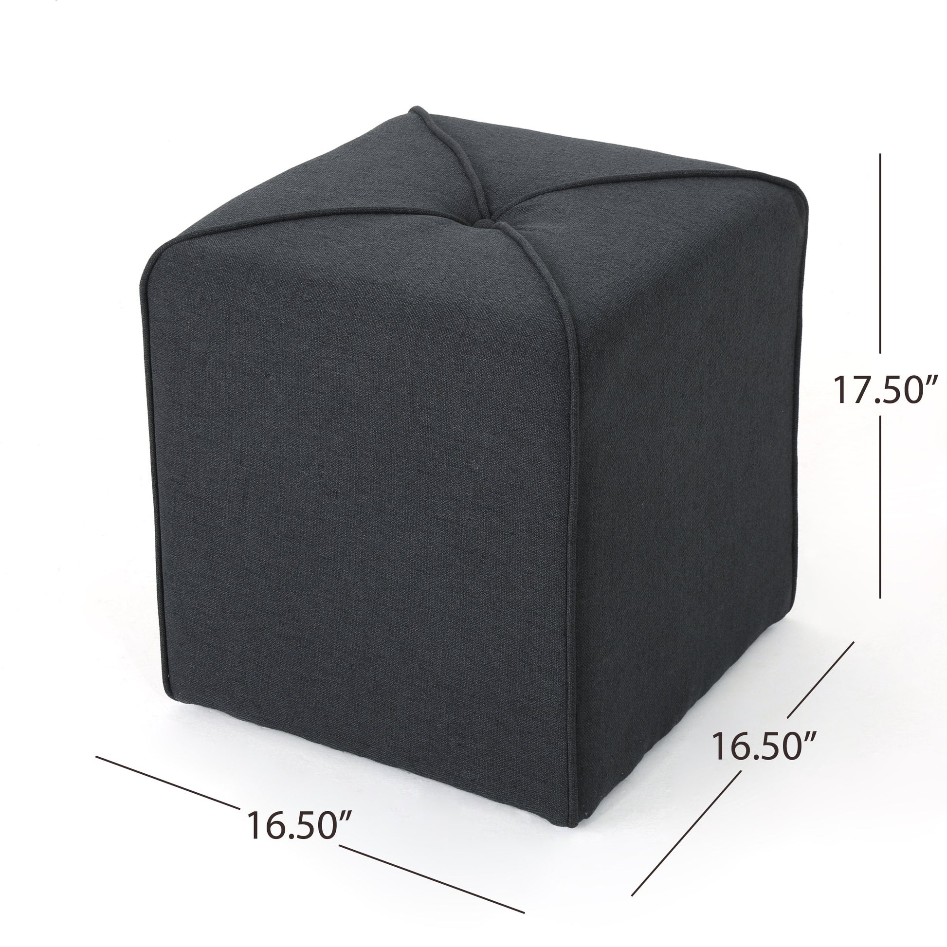 Dark gray fabric ottoman with tufted top and piped edges  wide