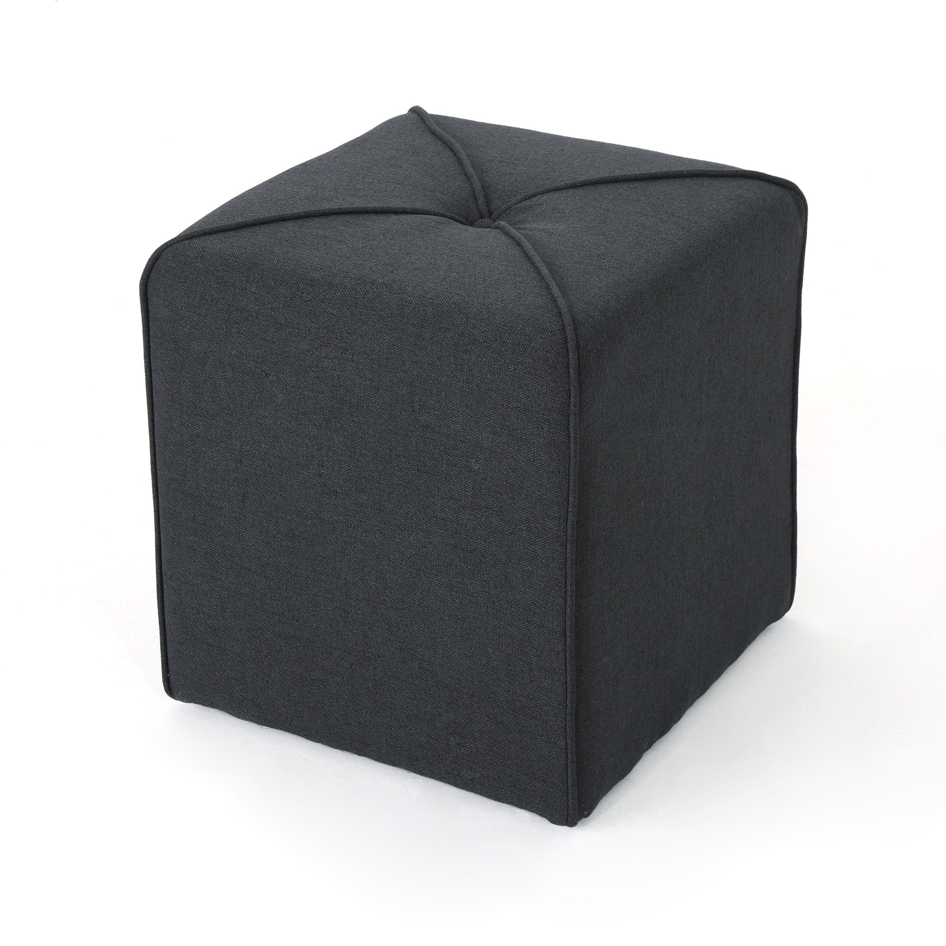 Dark gray fabric cube ottoman with stitched top detail