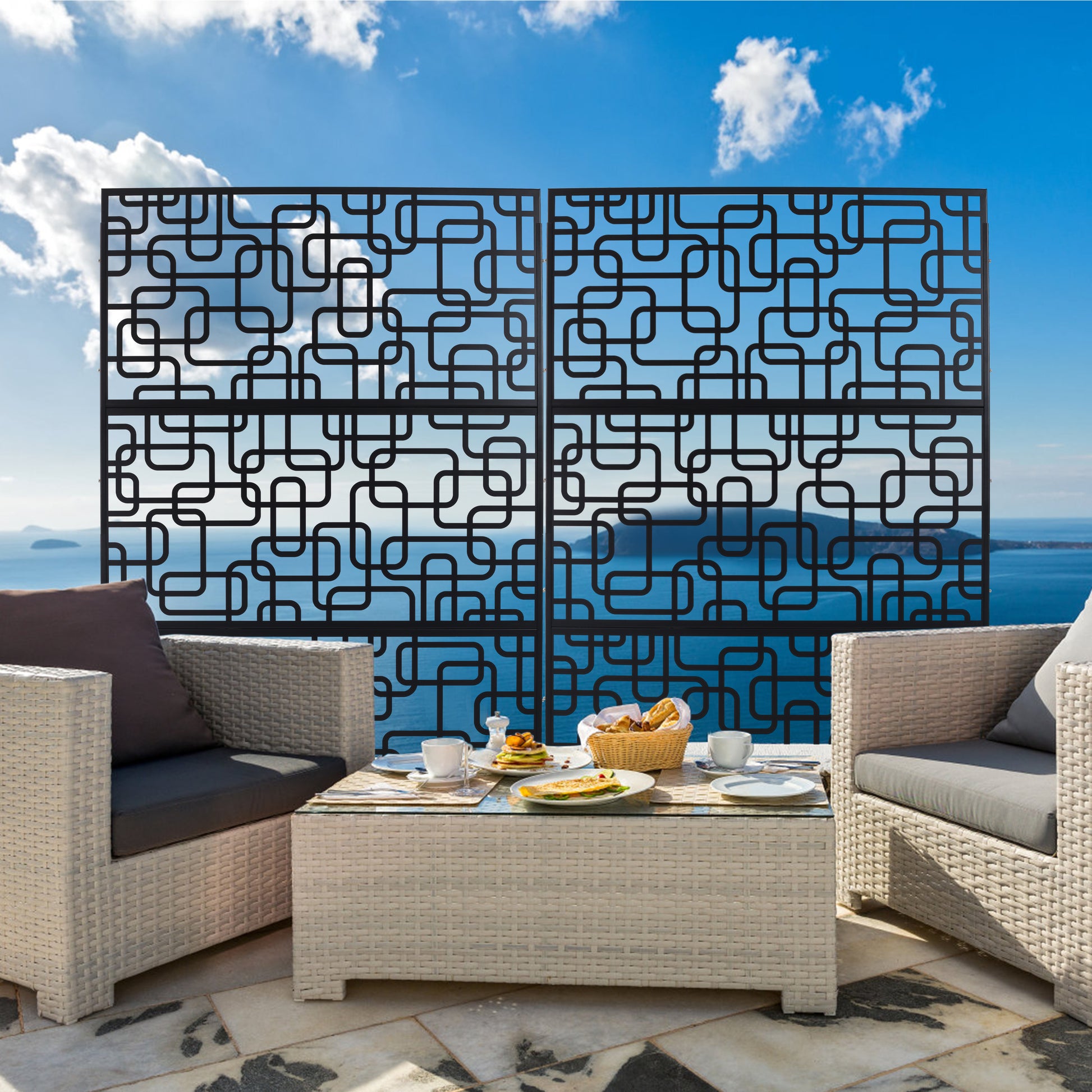 Modern black metal garden privacy screen with abstract geometric pattern