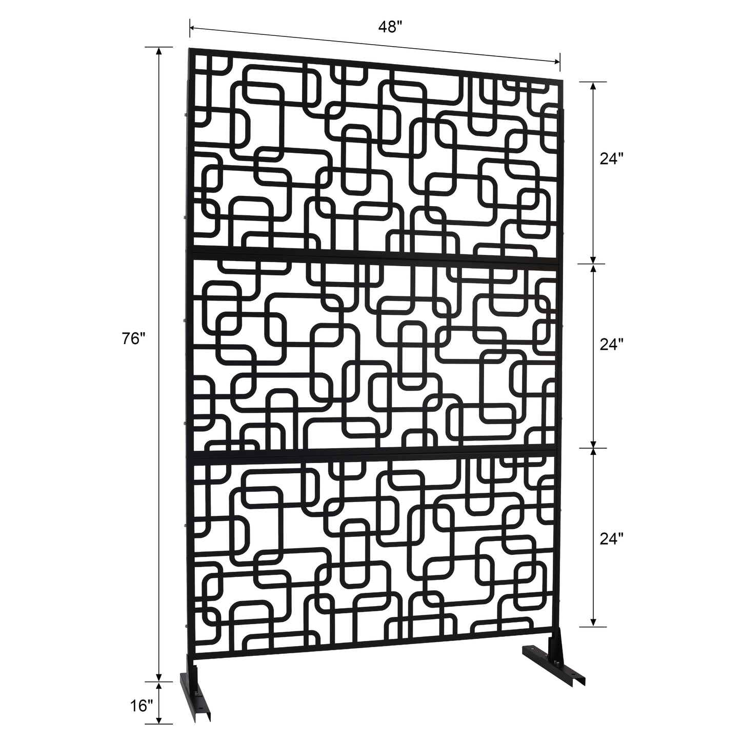 Black metal room divider screen with abstract geometric cutout design