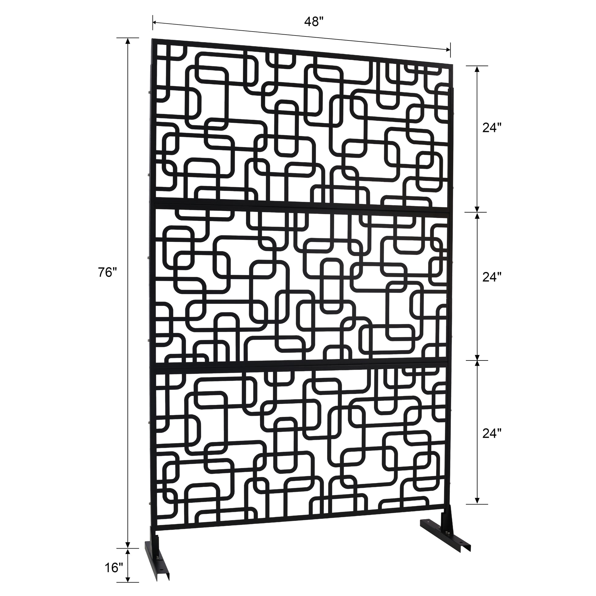 Black metal room divider screen with abstract geometric cutout design