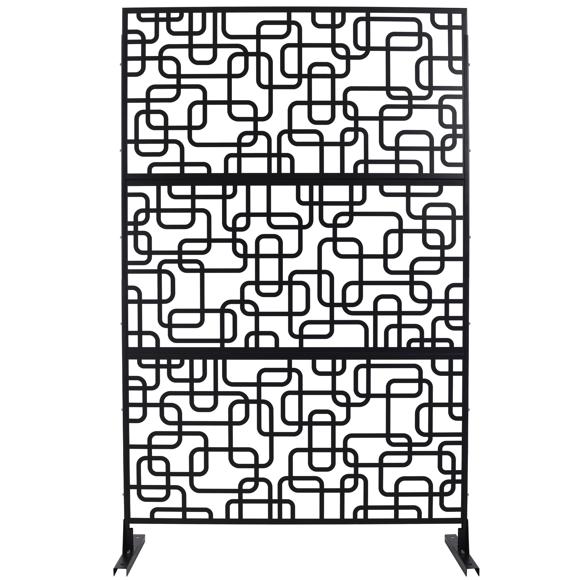 Black metal room divider with abstract rounded rectangle pattern