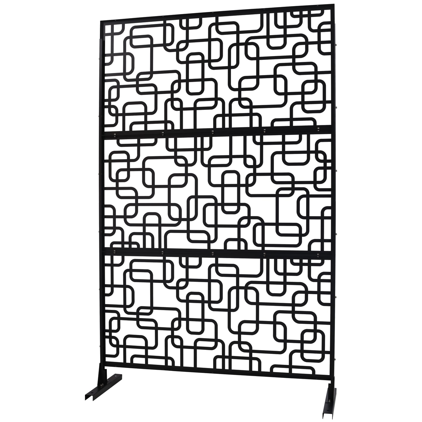 Black metal room divider with interlocking rounded square pattern