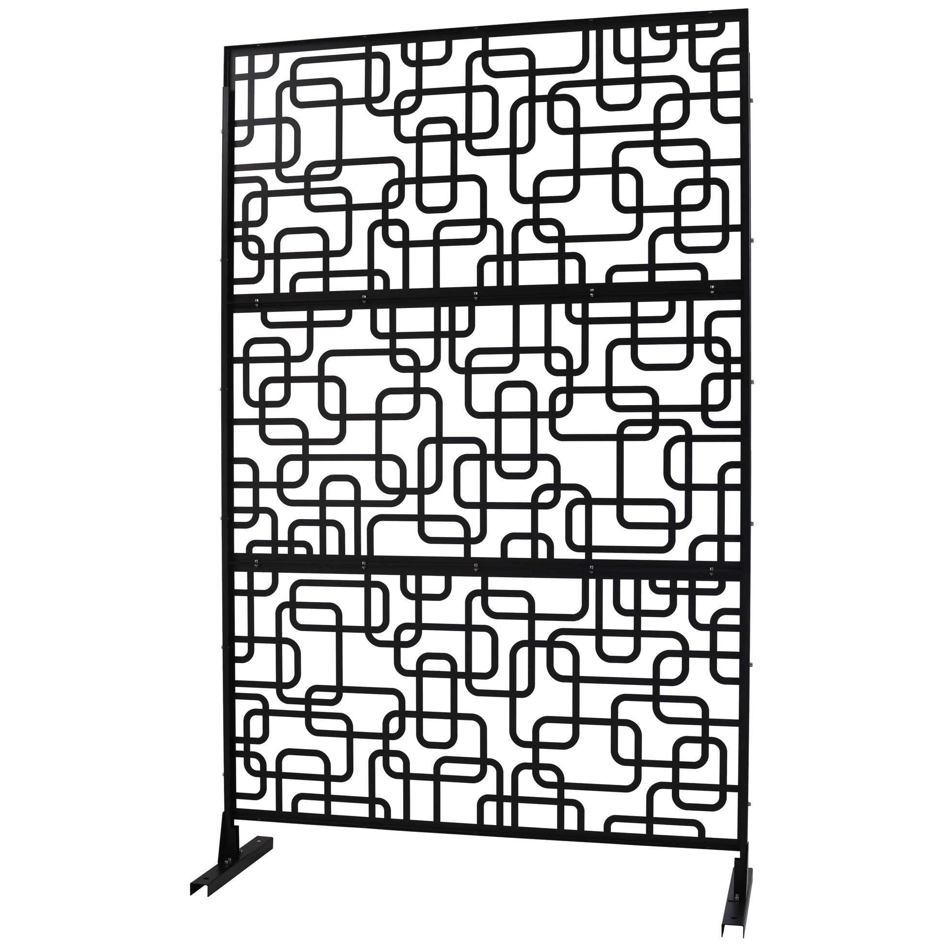 Black metal room divider with interlocking rounded square pattern