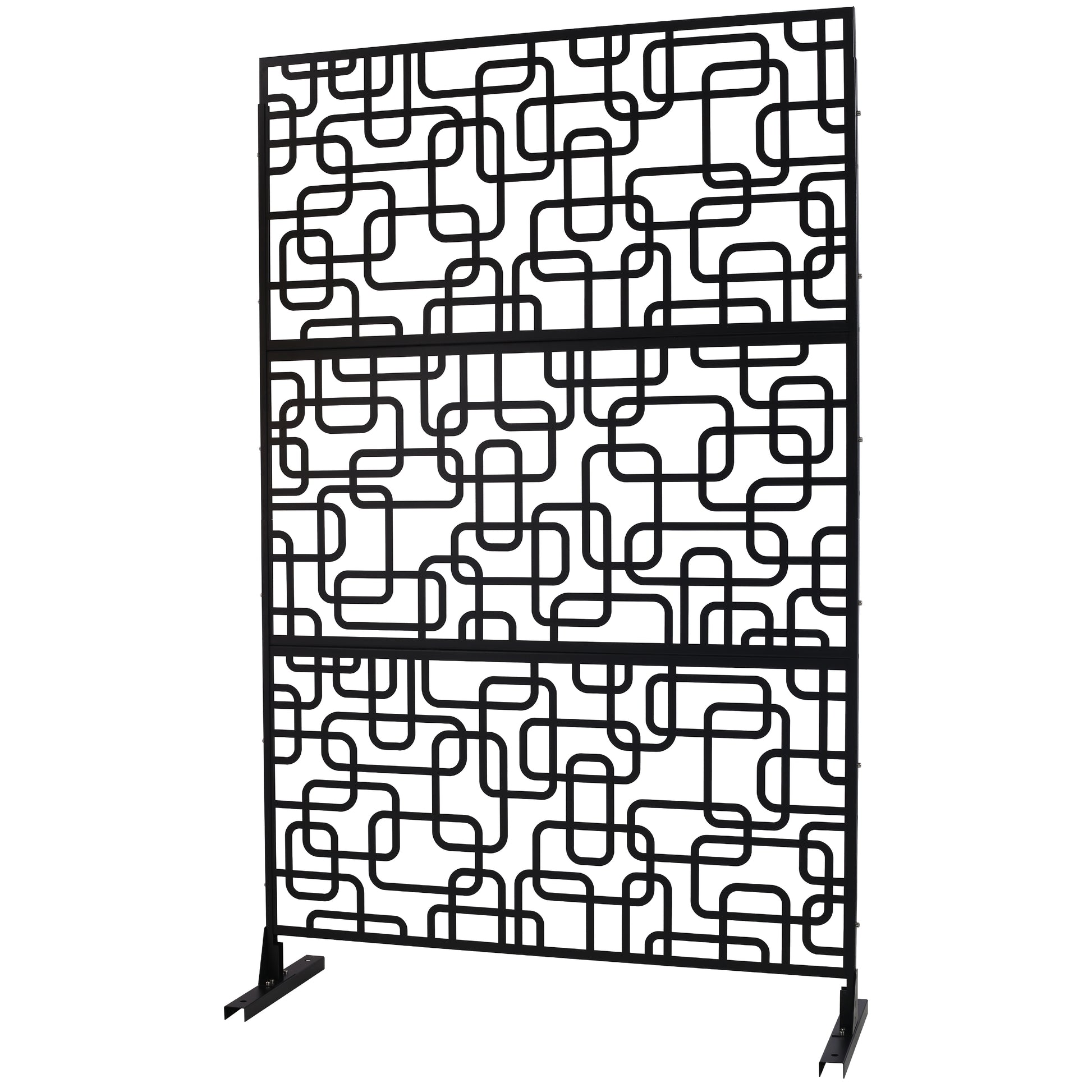 Black metal room divider with abstract rounded rectangle pattern and sturdy base