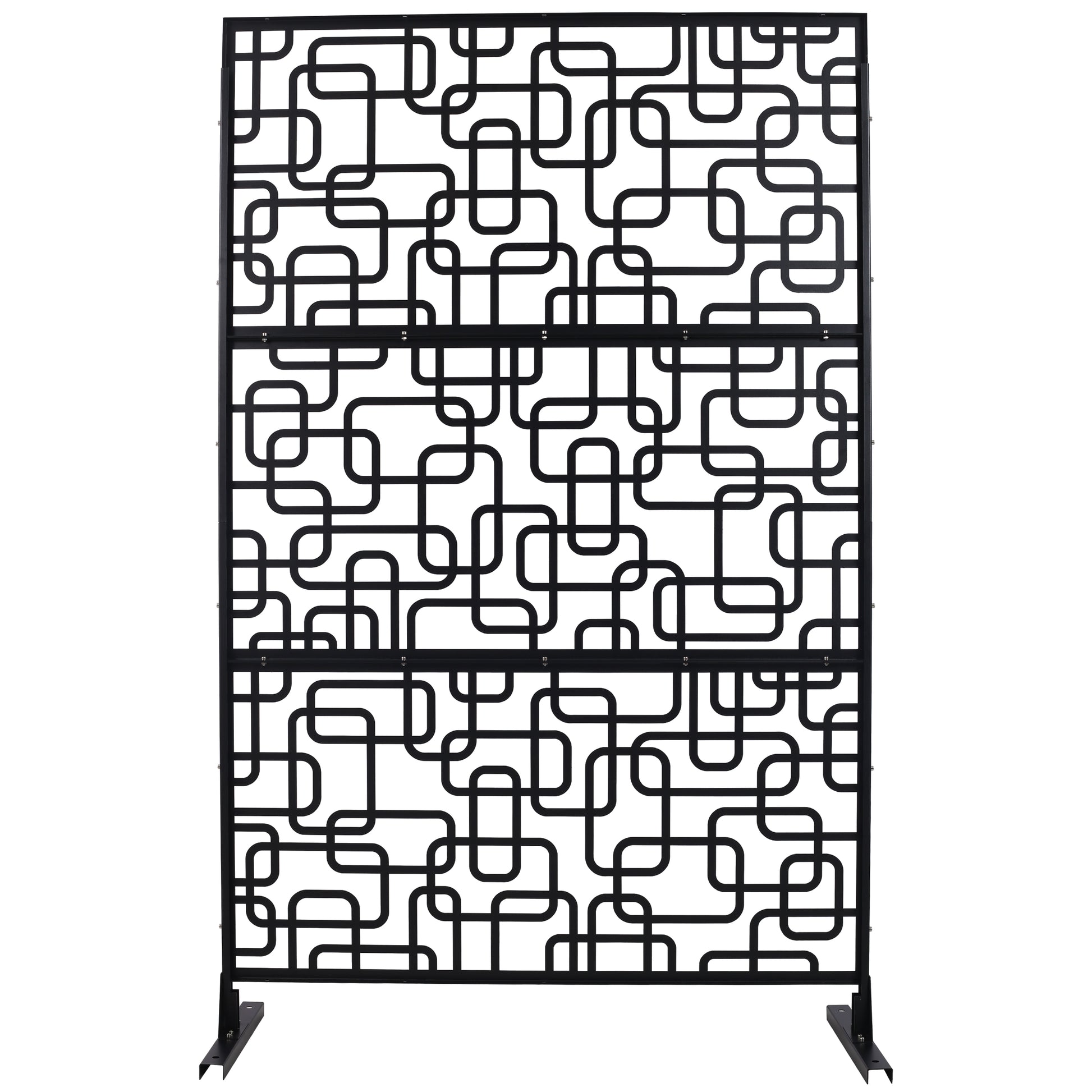 Black metal room divider with a modern geometric pattern and rounded corners