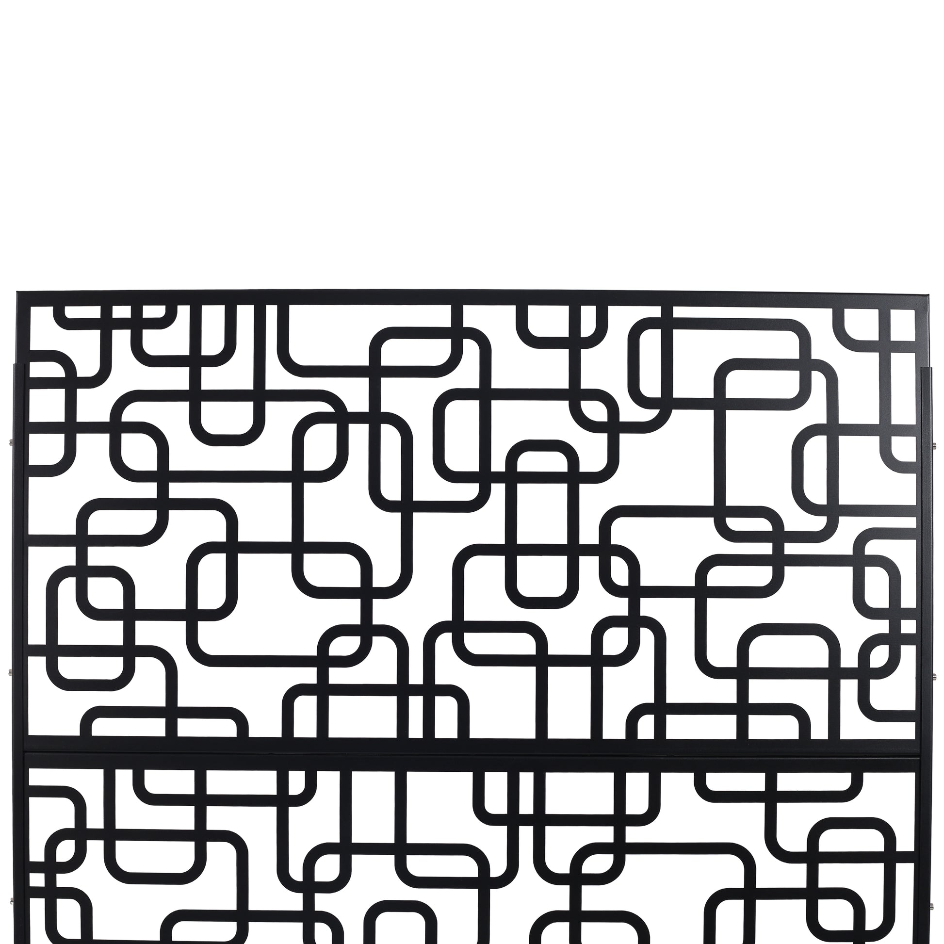 Black metal decorative screen with a geometric labyrinth pattern ideal for outdoor privacy