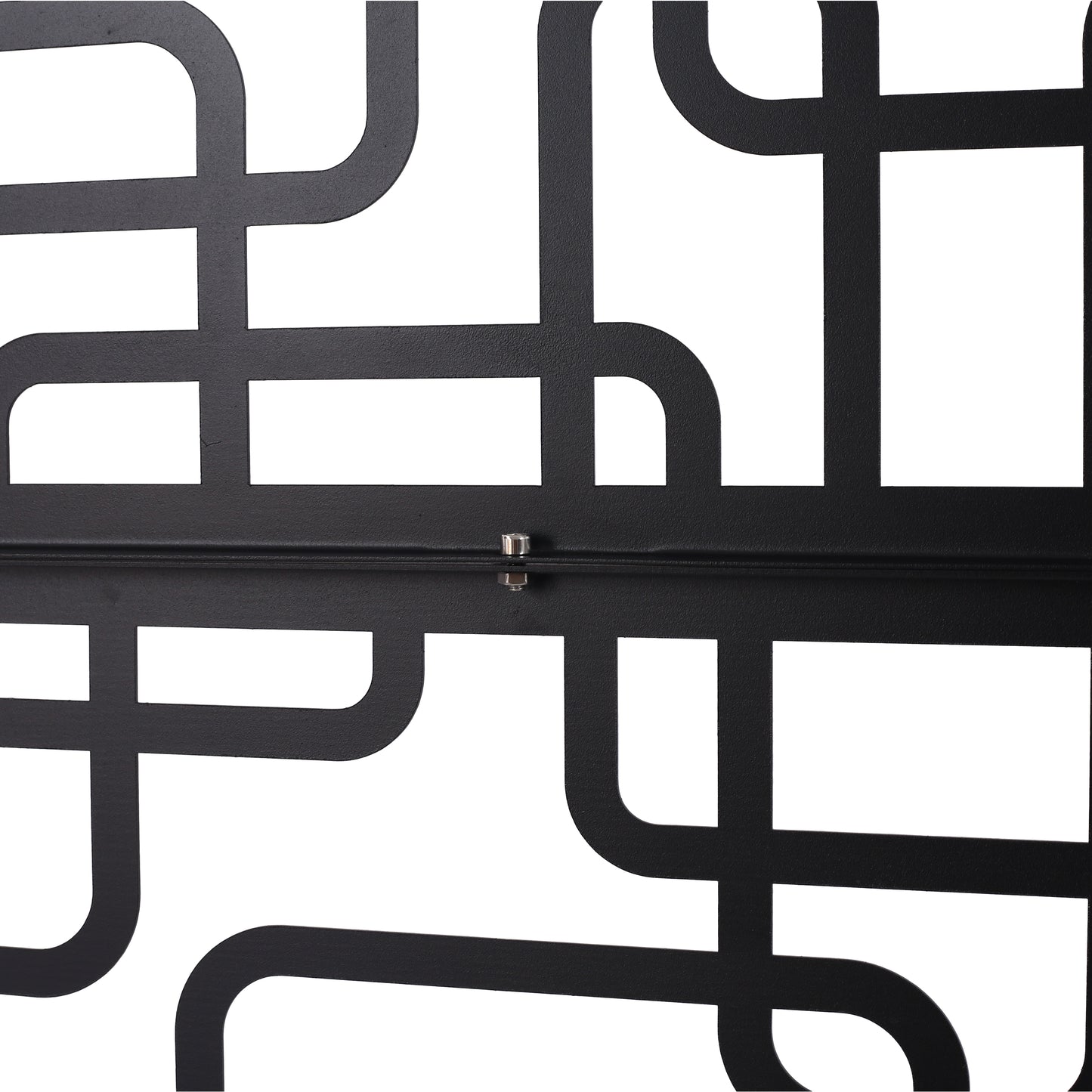 Black abstract metal screen panel with geometric cutouts for modern decor