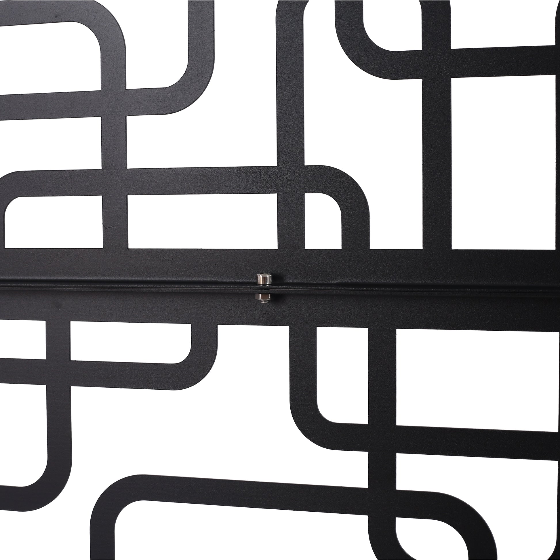 Black abstract metal screen panel with geometric cutouts for modern decor