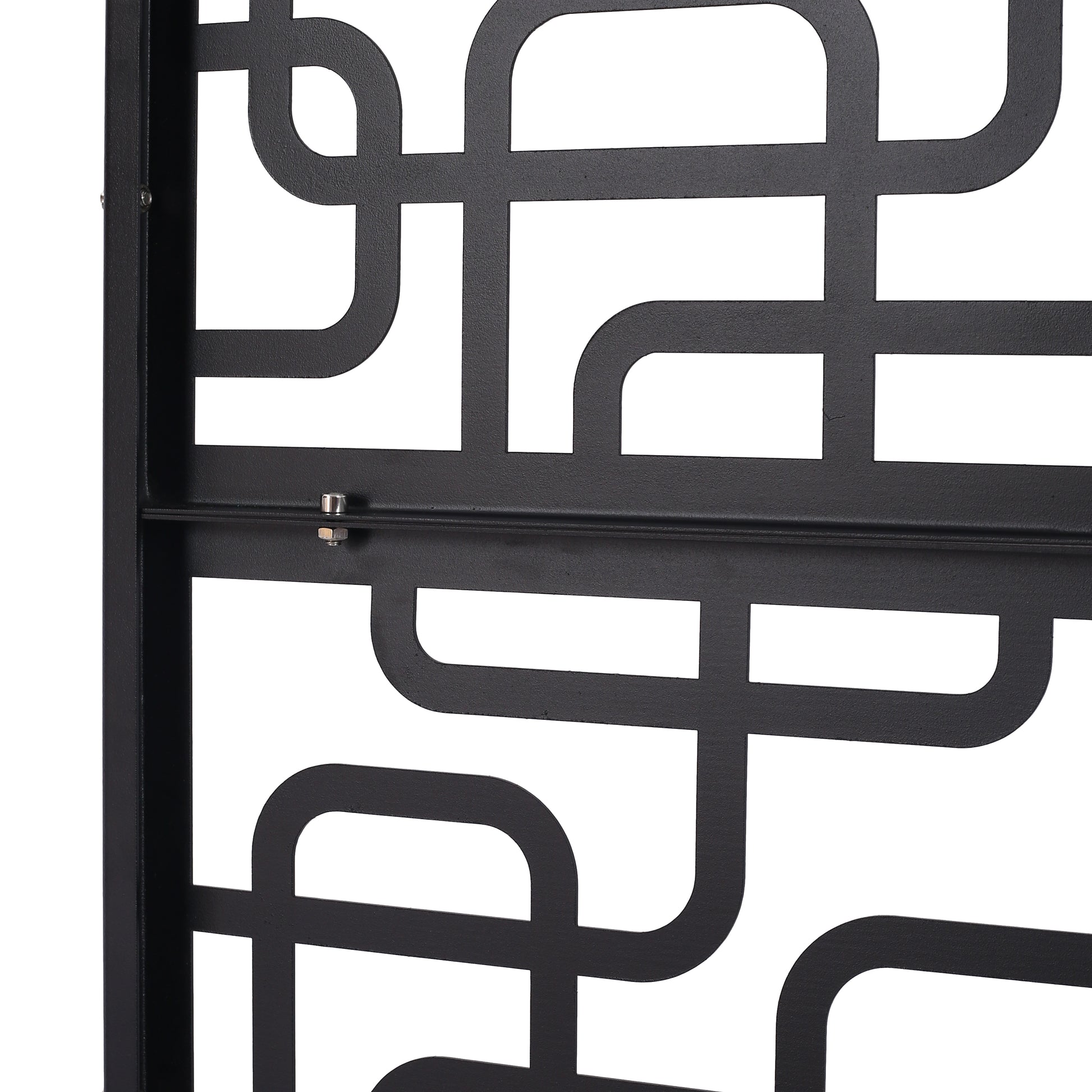 Black metal privacy screen with abstract geometric pattern