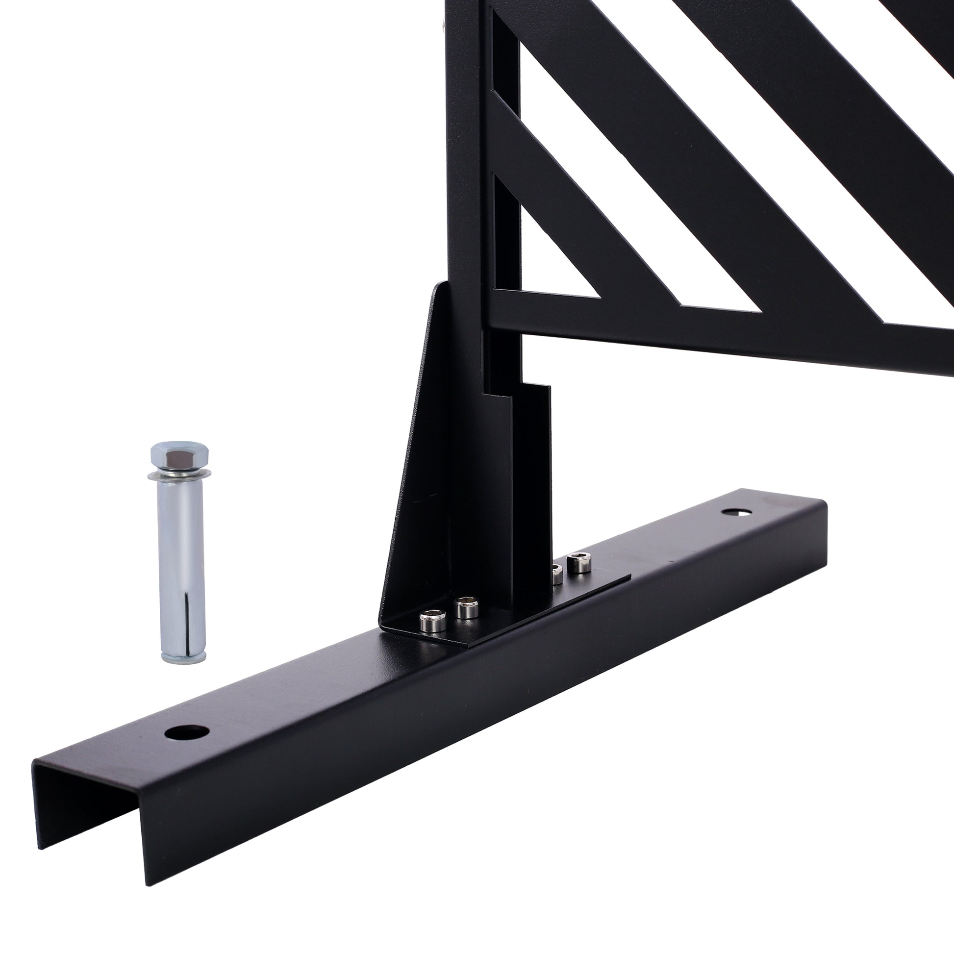 Black metal fence panel bracket with angled support and anchor bolt