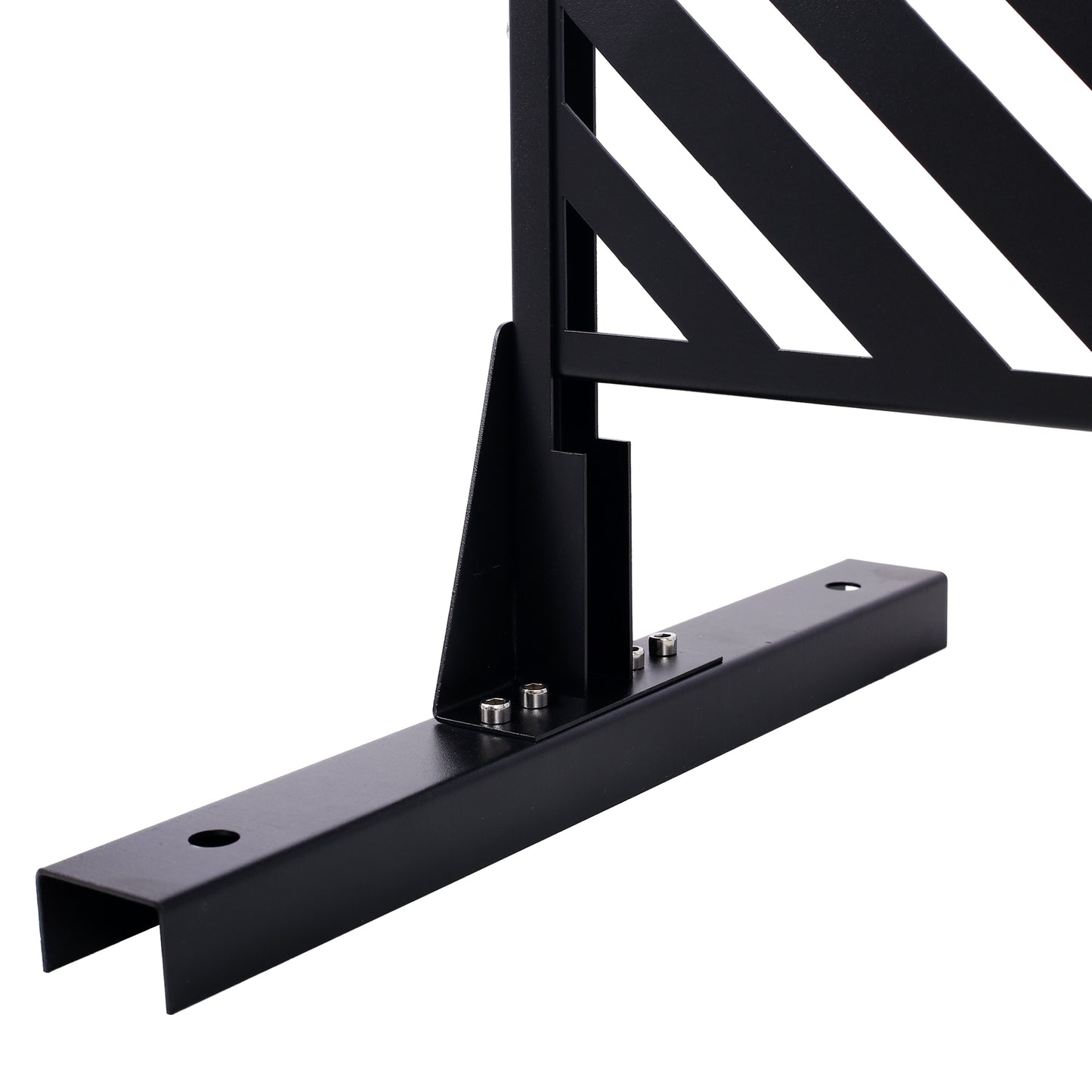 Closeup of a black metal fence panel base with diagonal slats