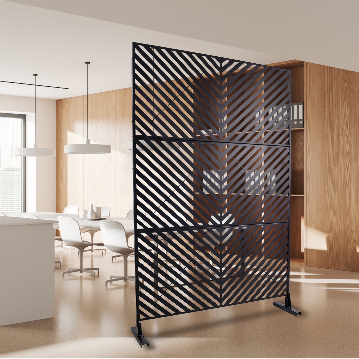 Black metal room divider with a modern geometric pattern ideal for privacy