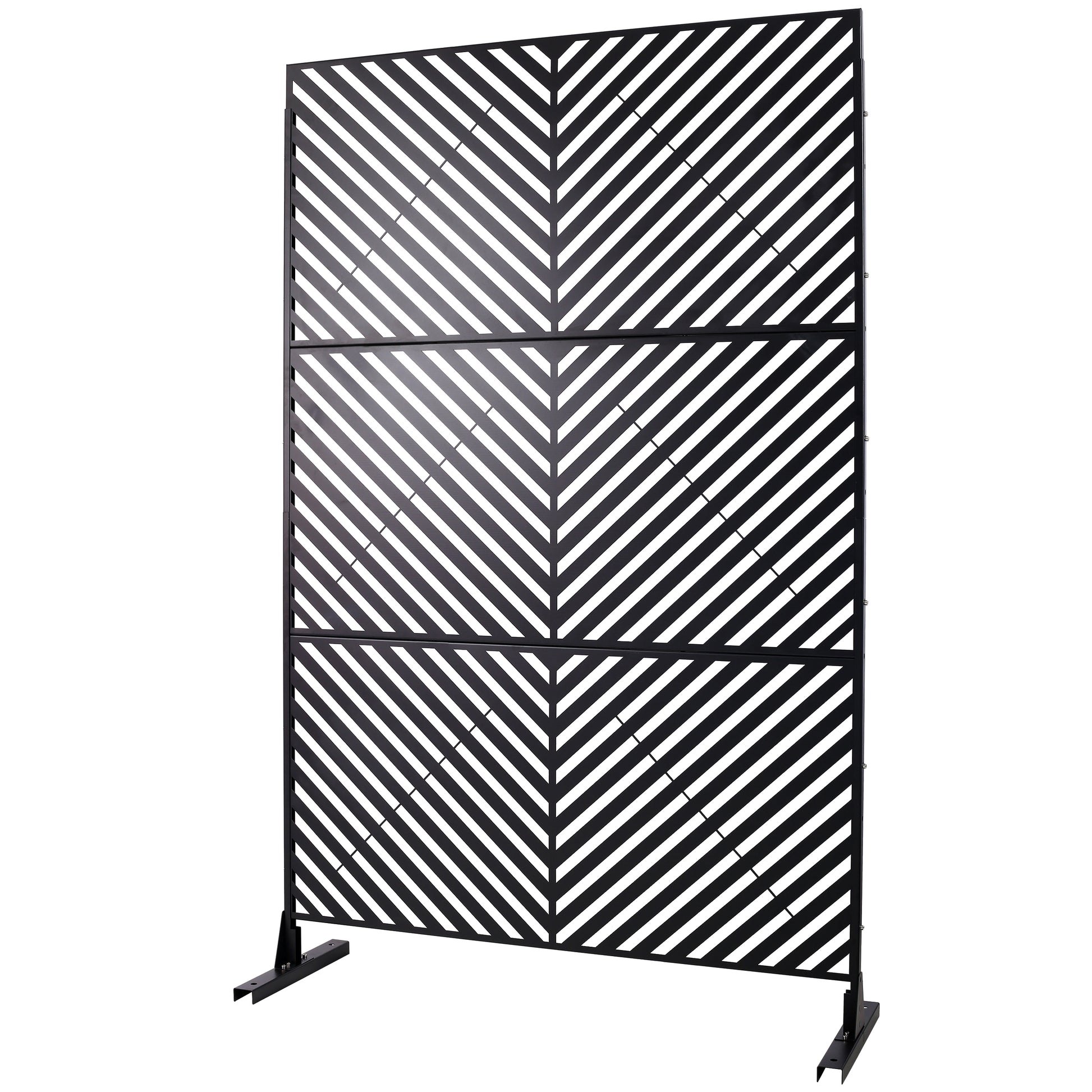 Black metal room divider with chevron pattern and silver accents
