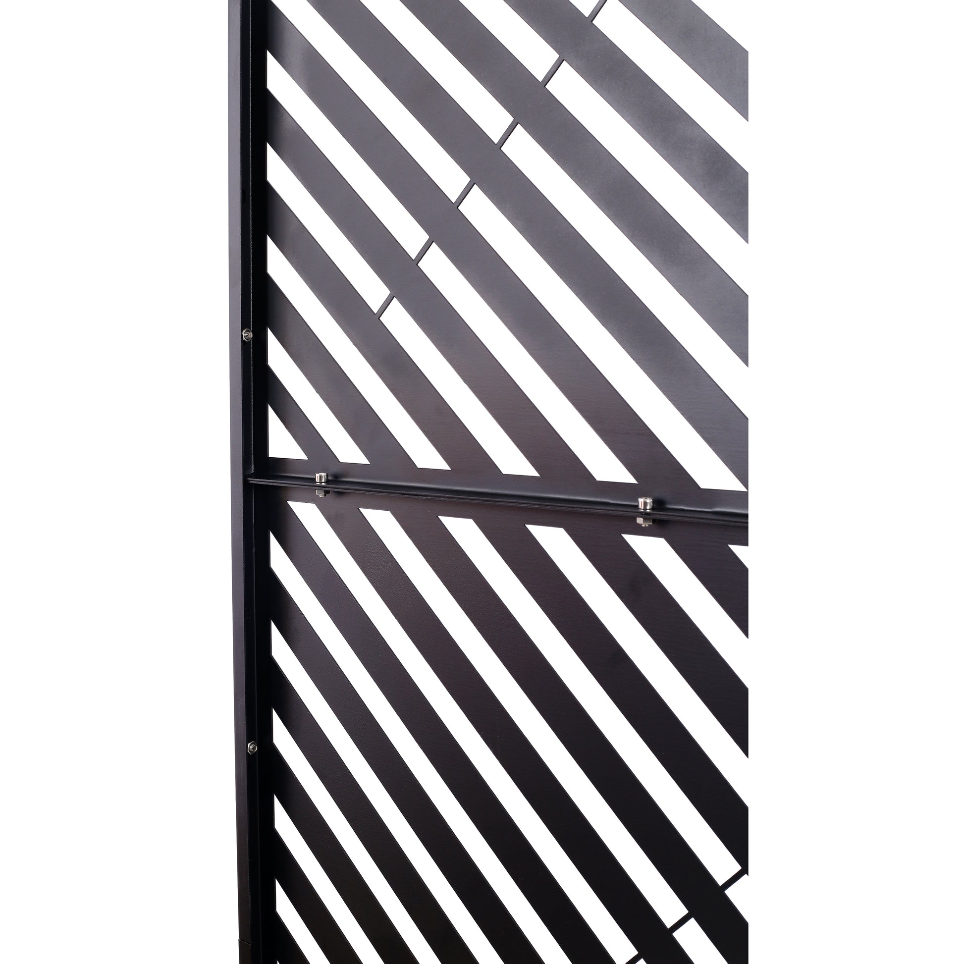 Black metal garden screen with diagonal slatted design