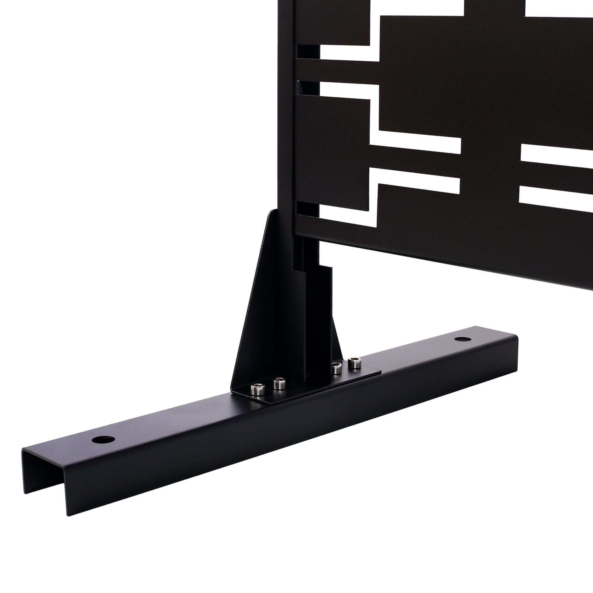 Black metal privacy screen base with geometric cutouts and securing bolts