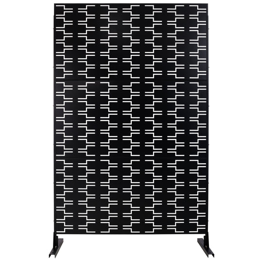 Black decorative metal screen with white geometric pattern and sturdy black base