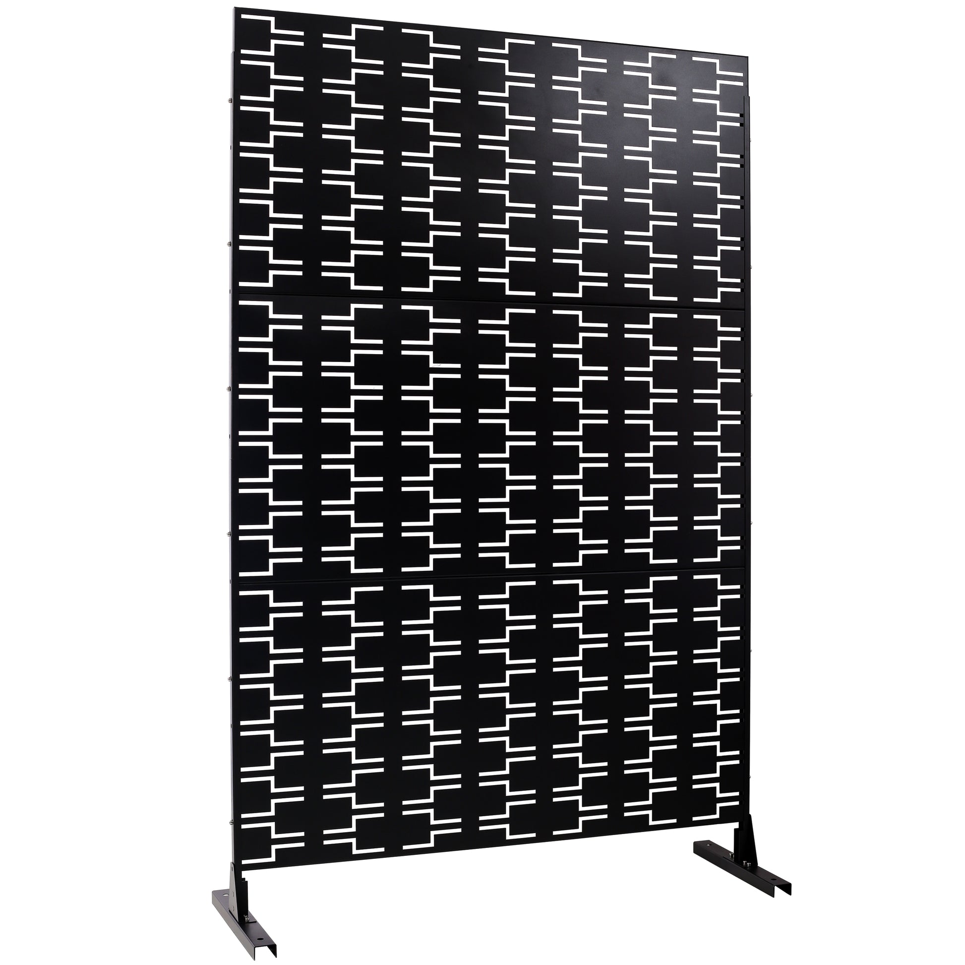 Modern black metal screen with white geometric cutouts perfect for room division
