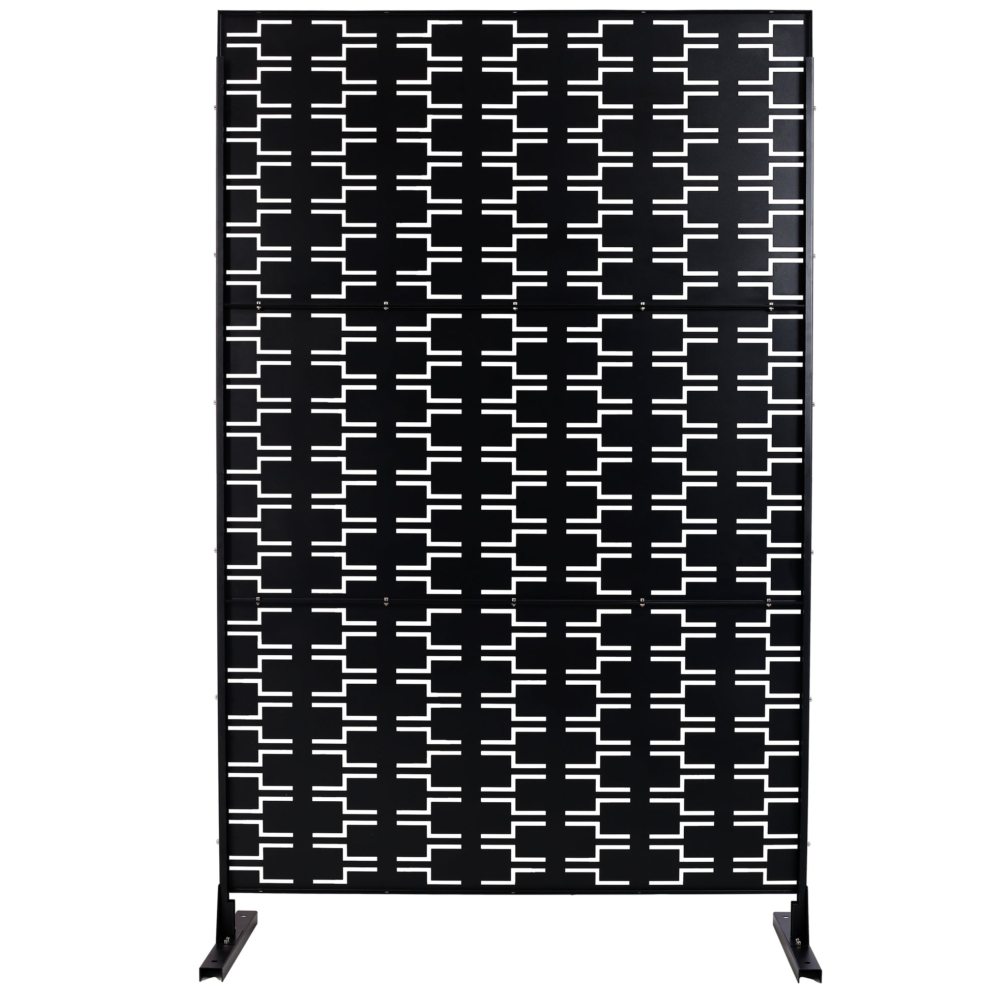 Black metal room divider with a geometric white fretwork pattern offering privacy