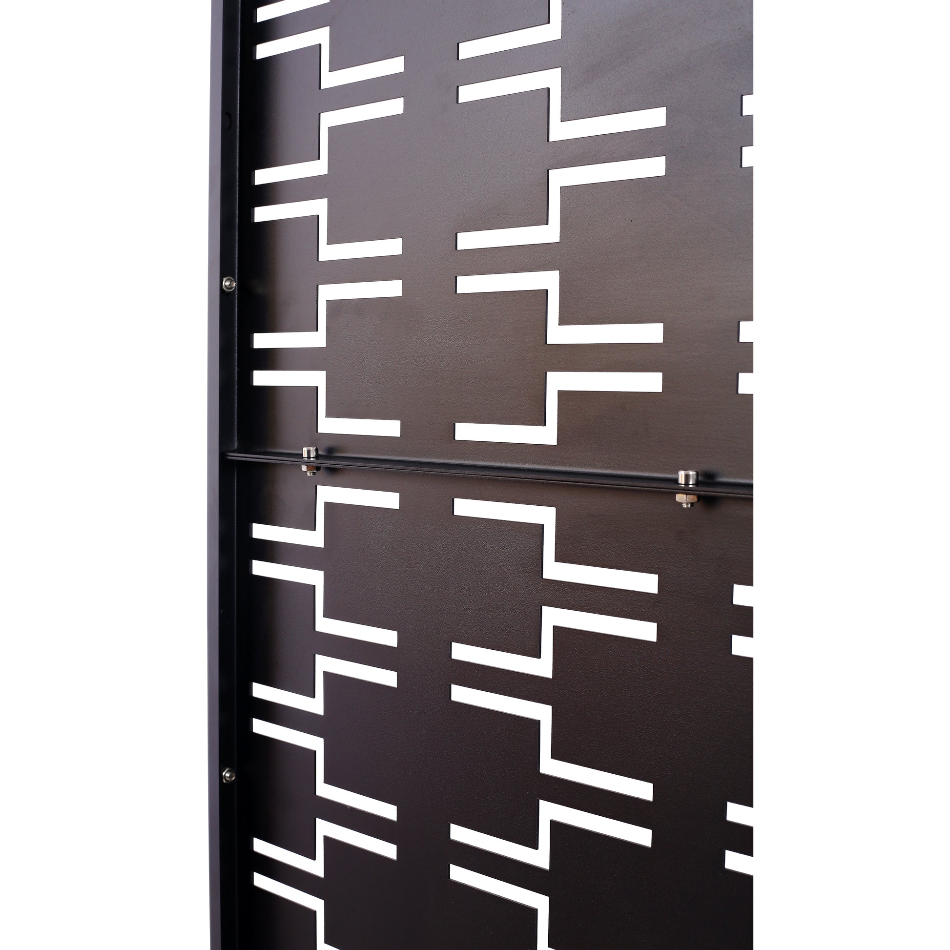 Black metal perforated panel with geometric white cutouts ideal for modern furniture accents
