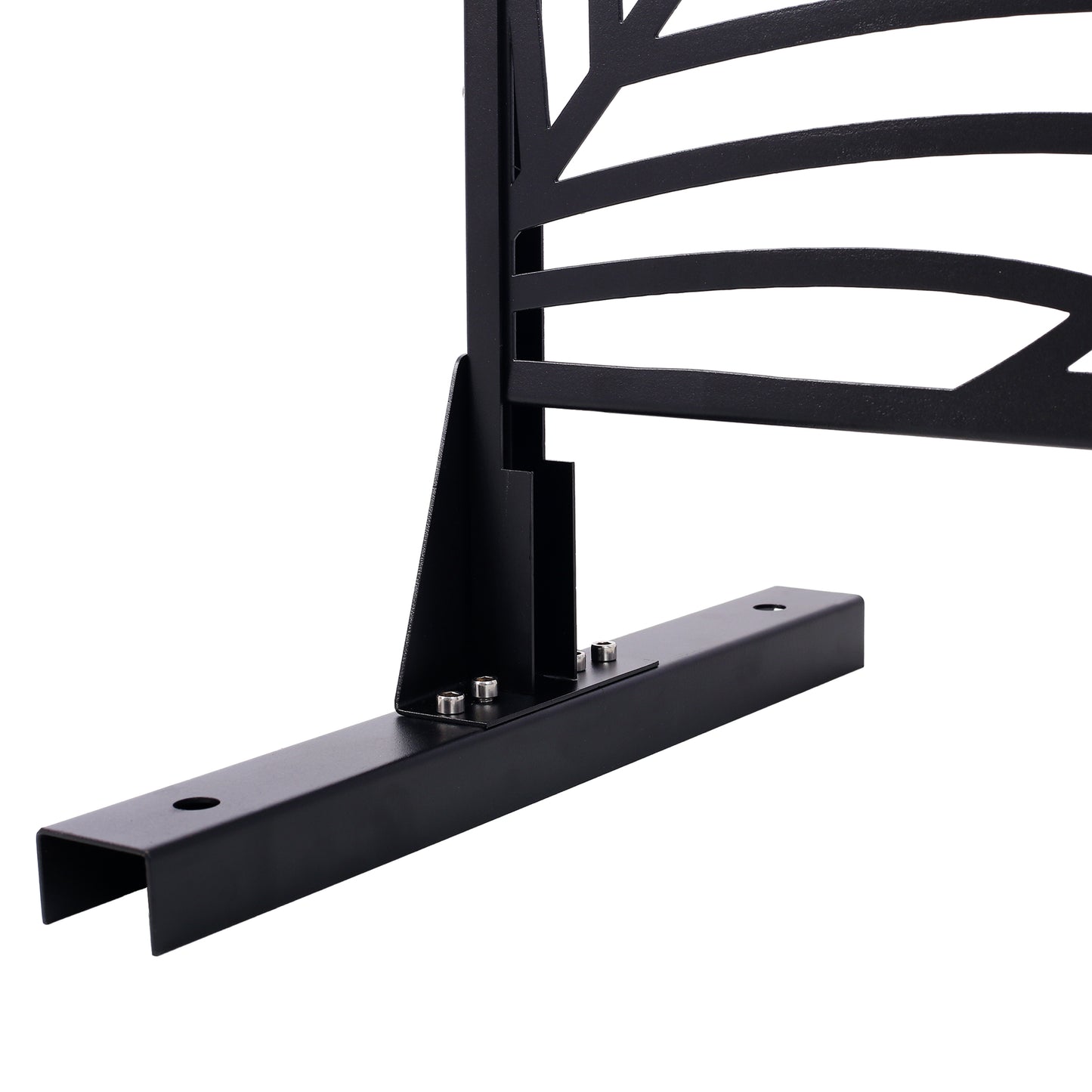Black metal garden fence panel base with decorative leaf cutout design and mounting bolts