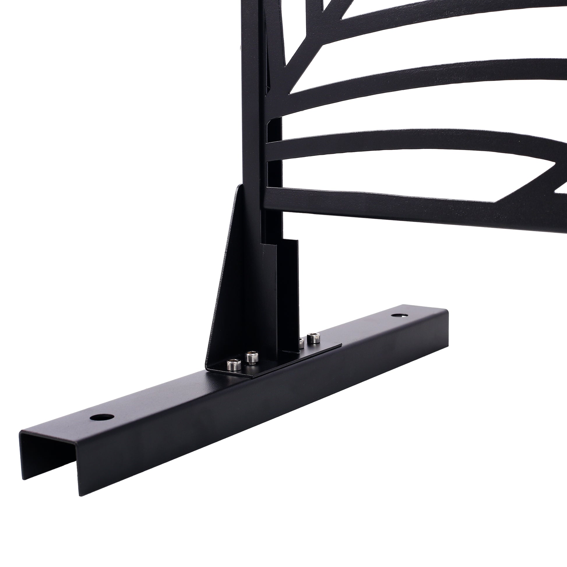 Black metal garden fence panel base with decorative leaf cutout design and mounting bolts