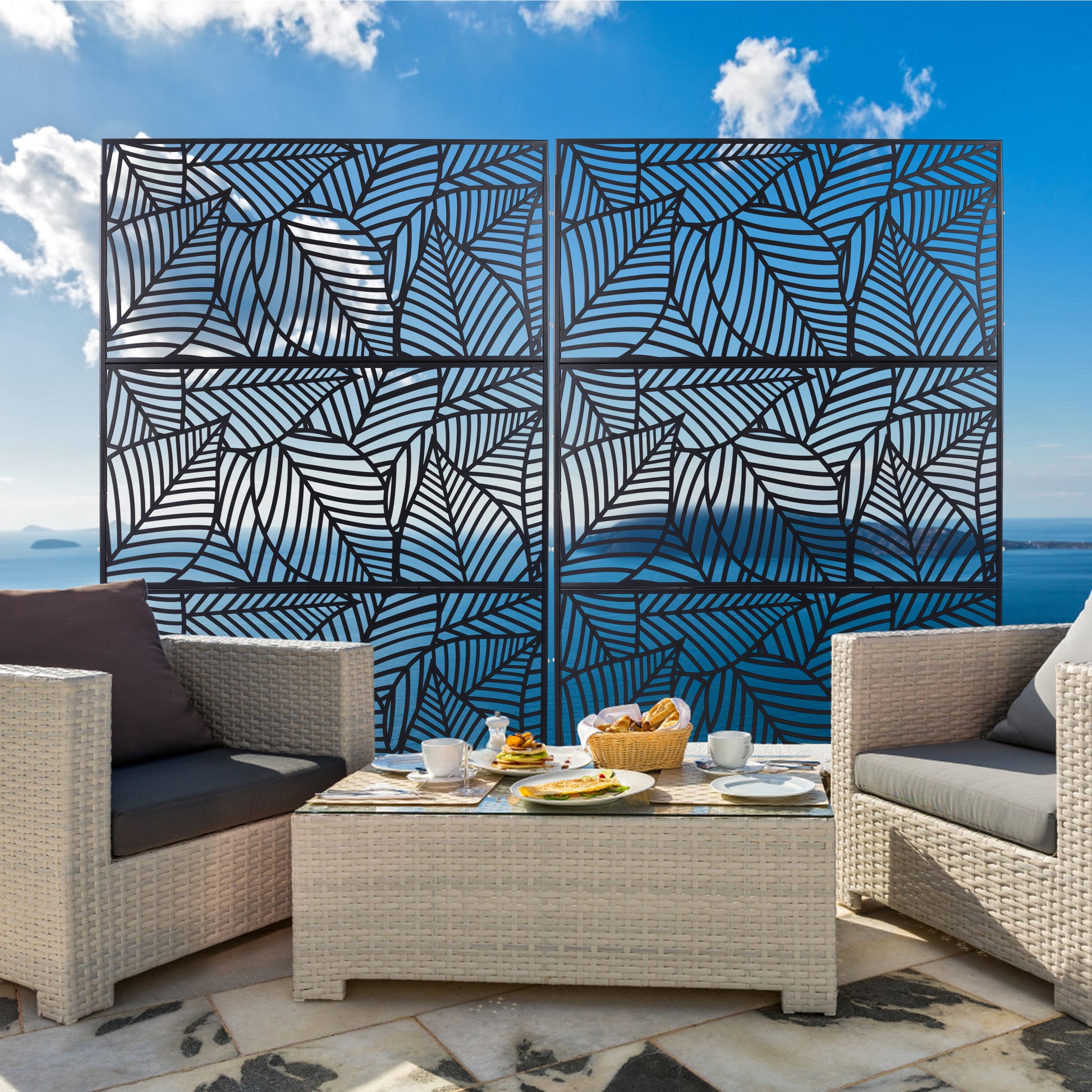 Decorative metal garden screen with intricate leaf pattern ideal for privacy