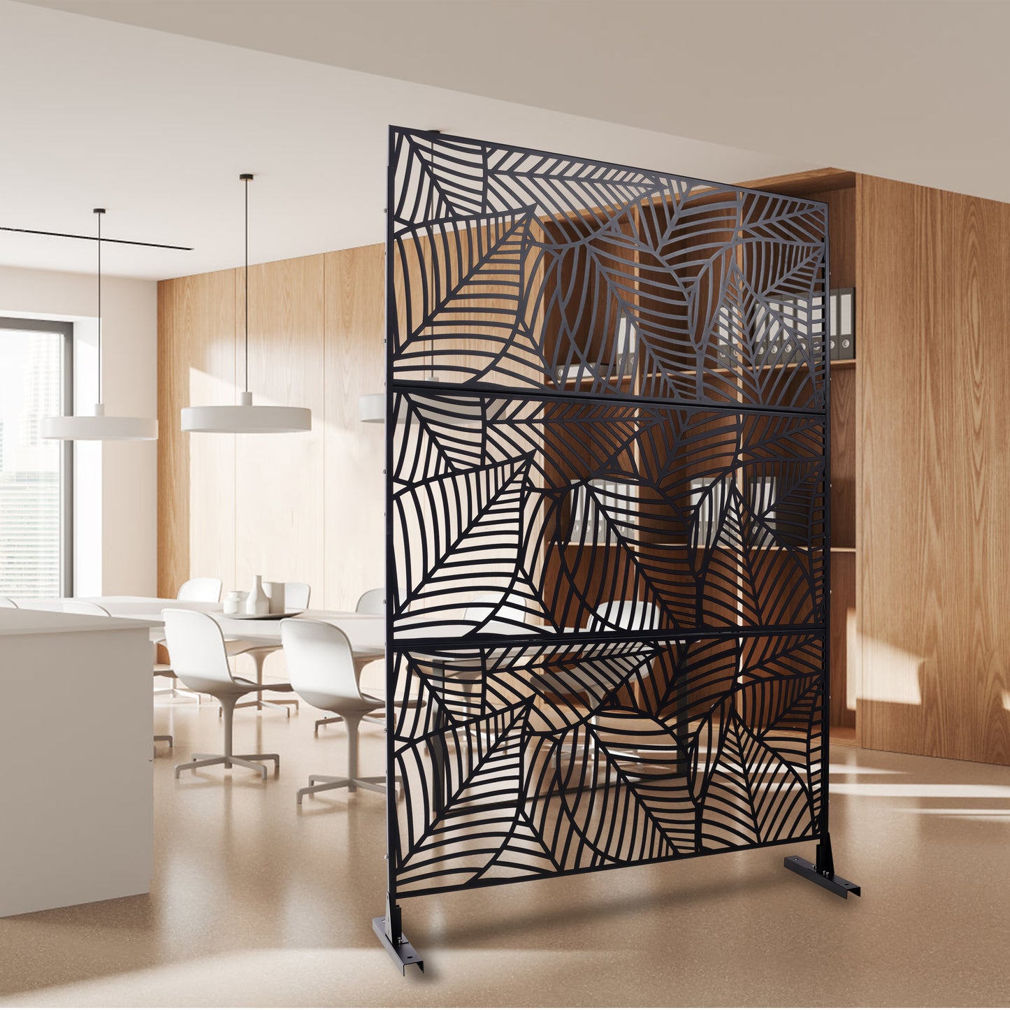 Decorative room divider with black metal lasercut leaf pattern perfect for modern spaces