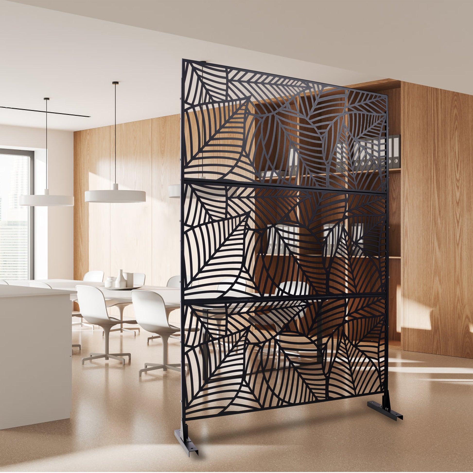 Decorative room divider with black metal lasercut leaf pattern perfect for modern spaces