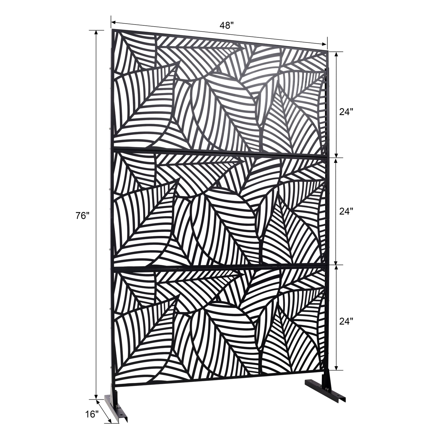 Black metal outdoor privacy screen with a tropical leaf pattern  H