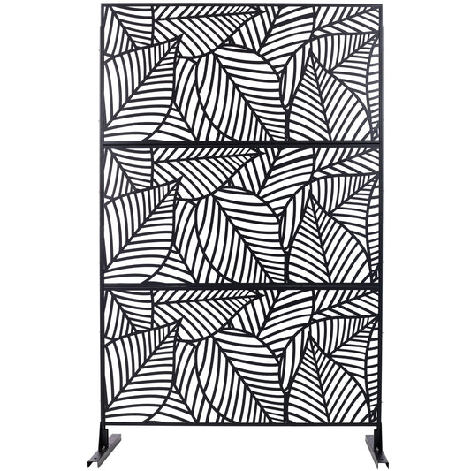Black metal privacy screen with intricate leaf pattern ideal for garden decor