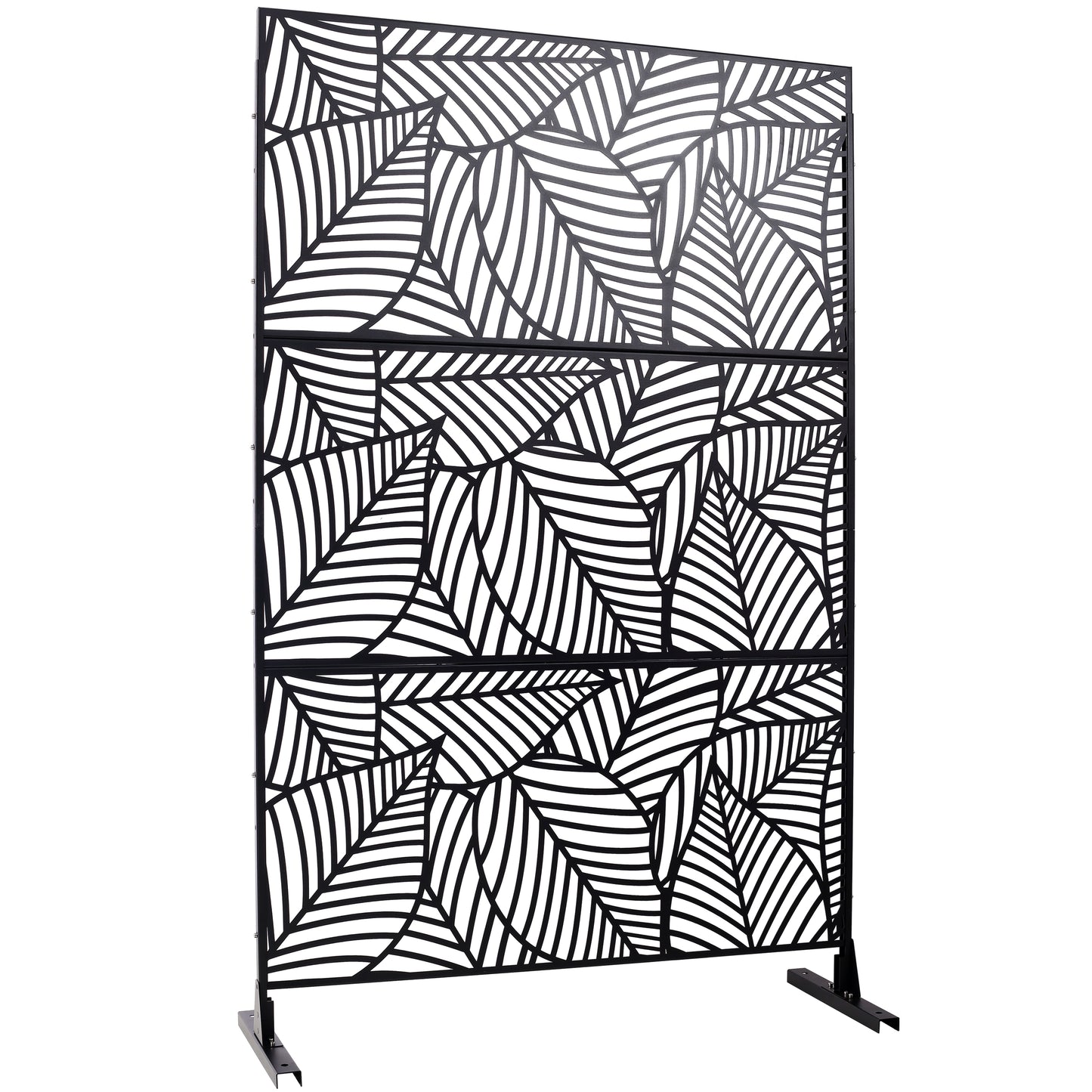 Black metal decorative screen with modern abstract leaf pattern for outdoor privacy