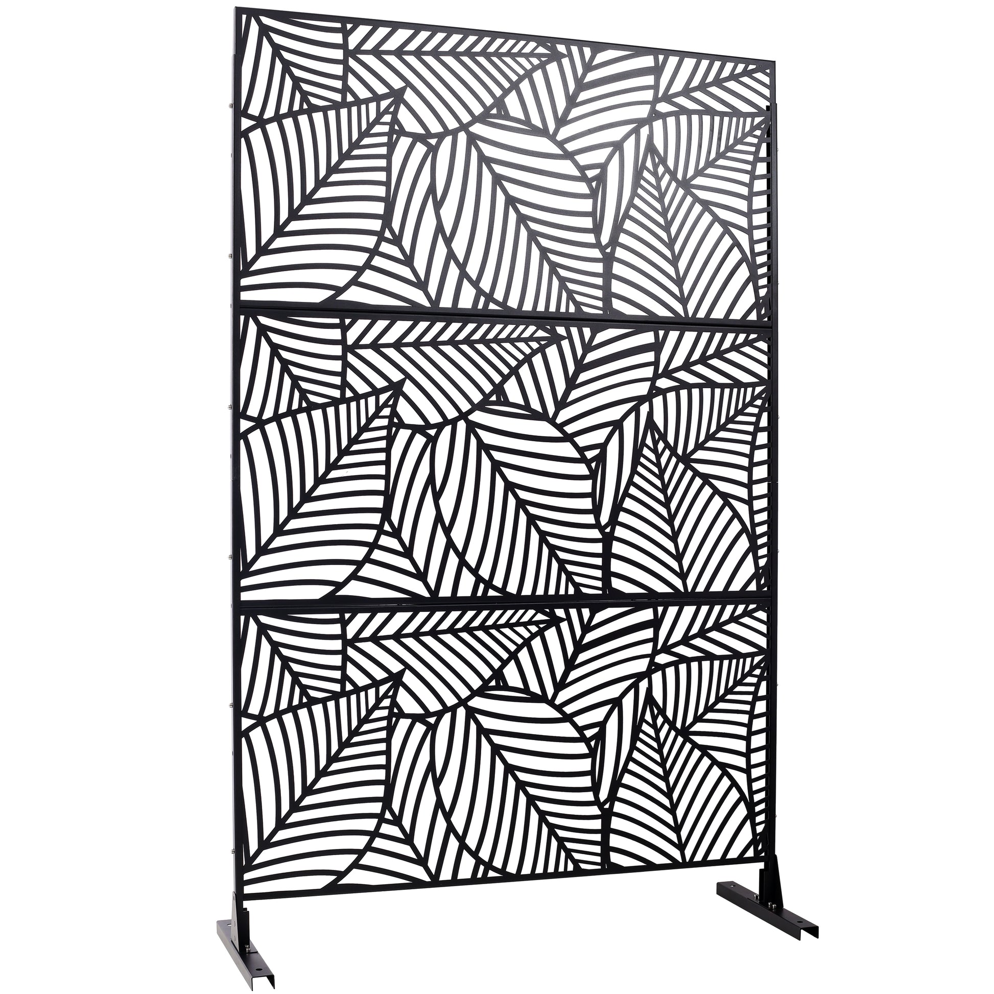 Black metal decorative screen with modern abstract leaf pattern for outdoor privacy