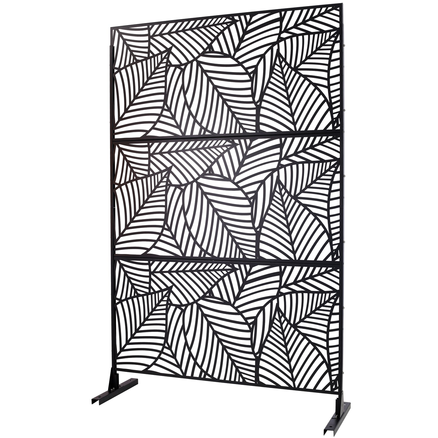 Black metal outdoor screen with abstract leaf pattern perfect for garden privacy