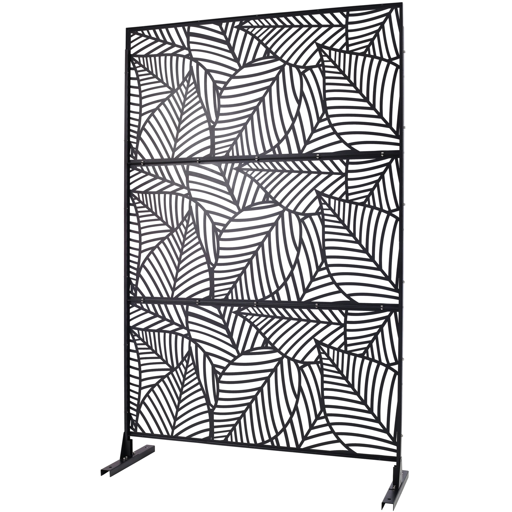 Black metal garden screen with repeating abstract leaf pattern and two base stands