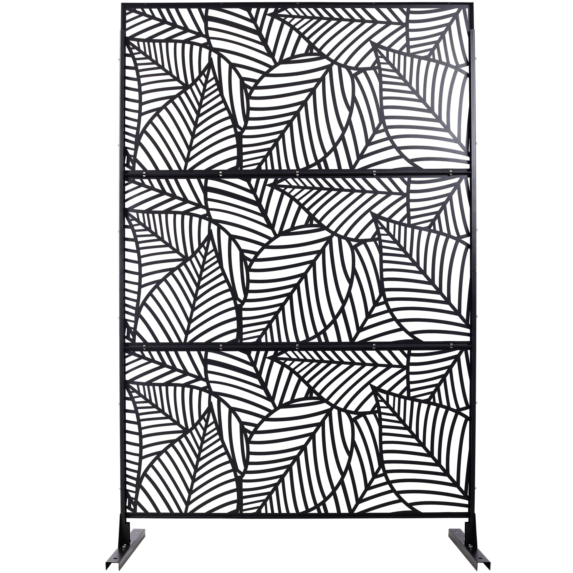 Black metal garden screen with intricate leaf pattern perfect for outdoor privacy