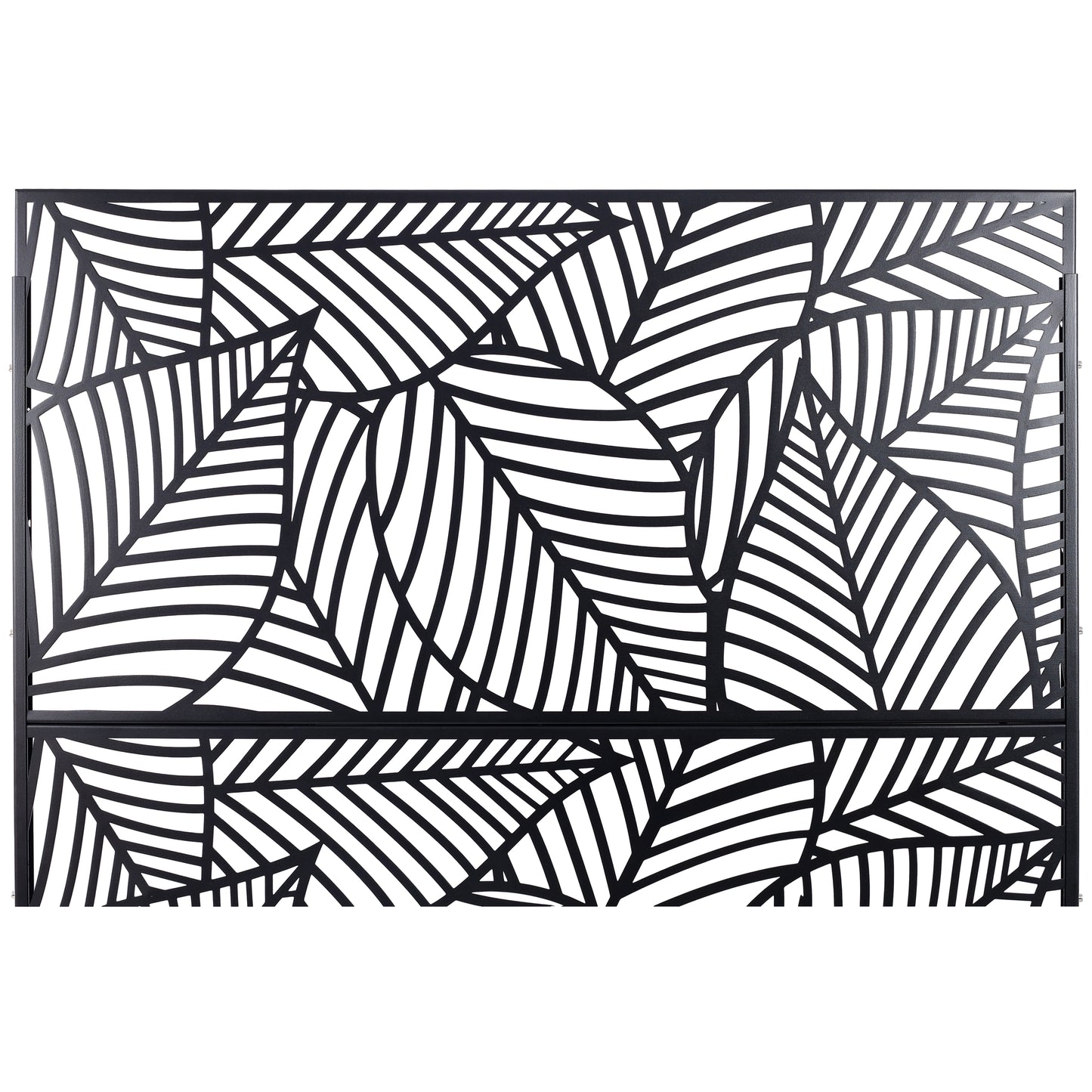 Black metal fence panel with intricate leaf cutouts for garden privacy screen