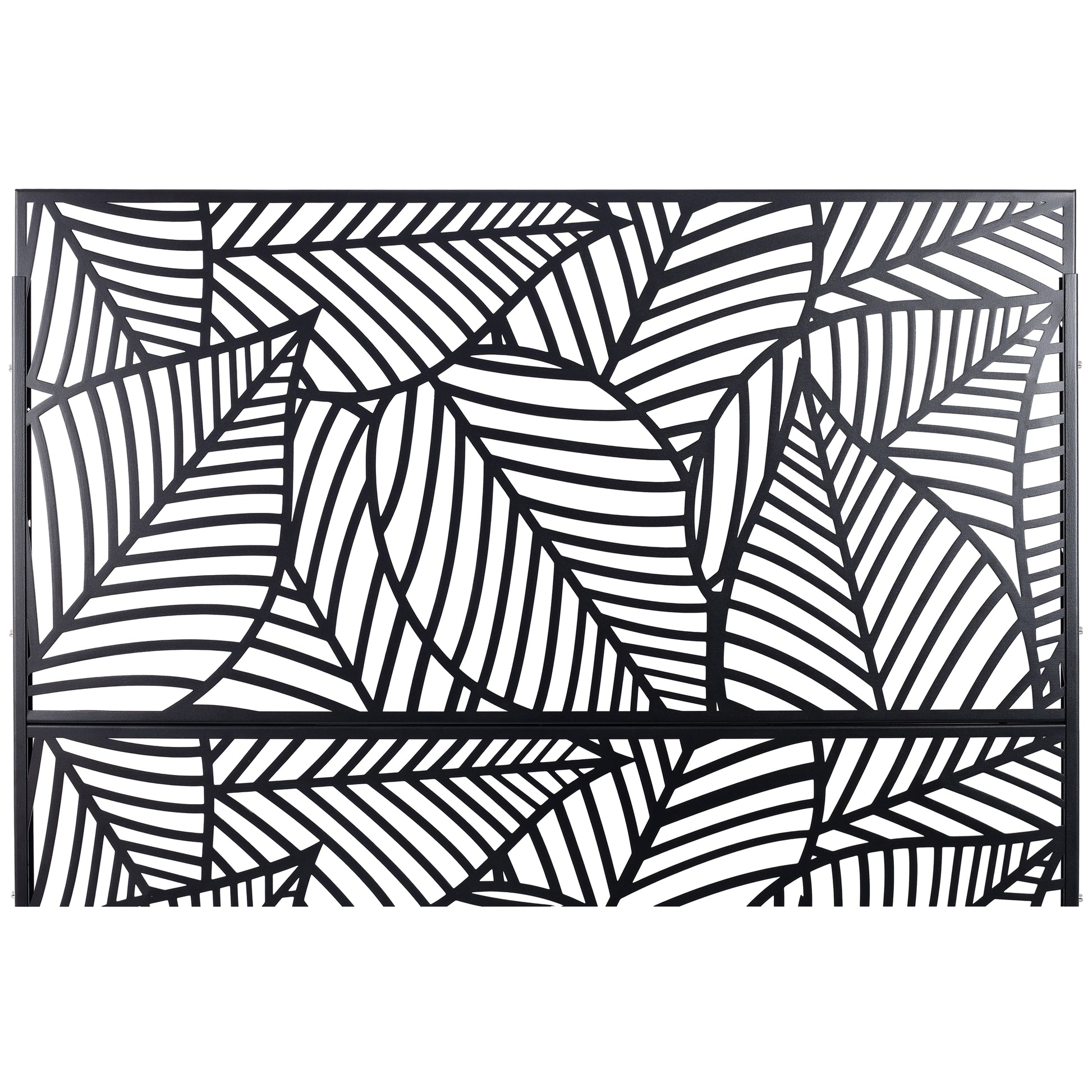 Black metal fence panel with intricate leaf cutouts for garden privacy screen