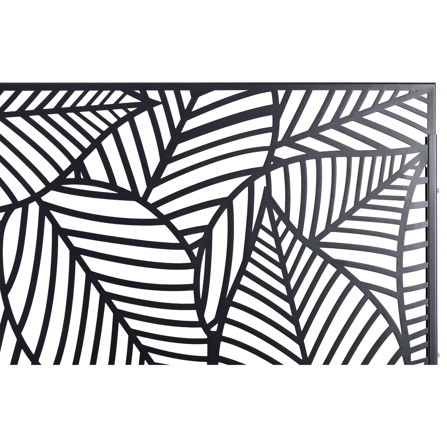 Black metal garden screen with intricate leaf pattern design