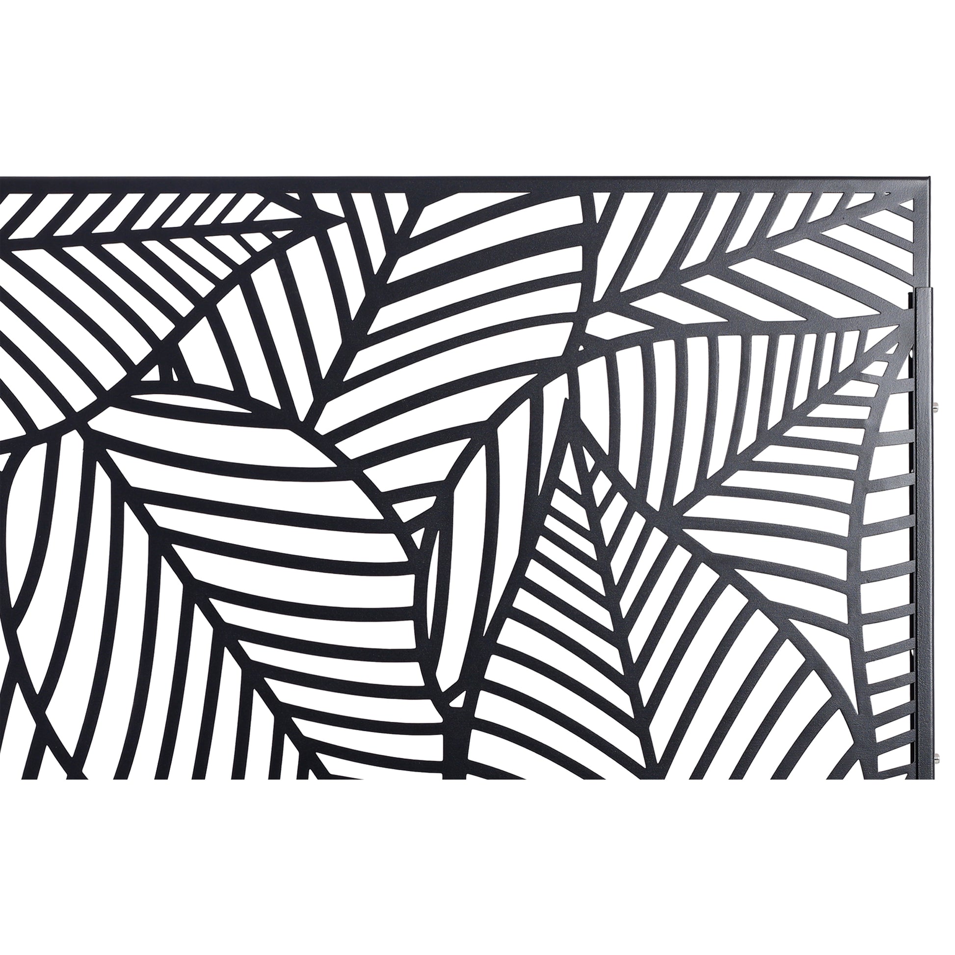 Black metal garden screen with intricate leaf pattern design