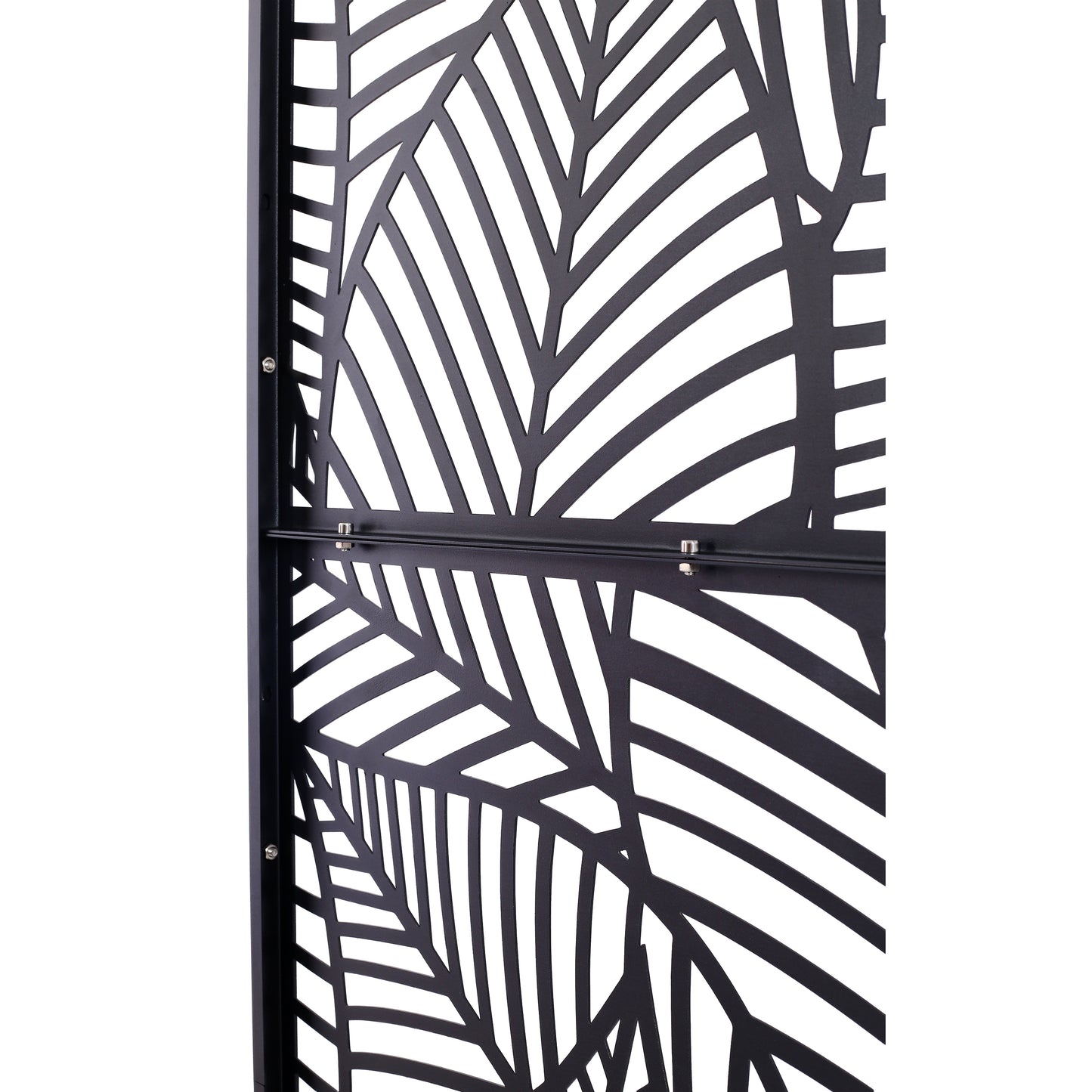 Black metal privacy screen with an intricate leaf pattern design