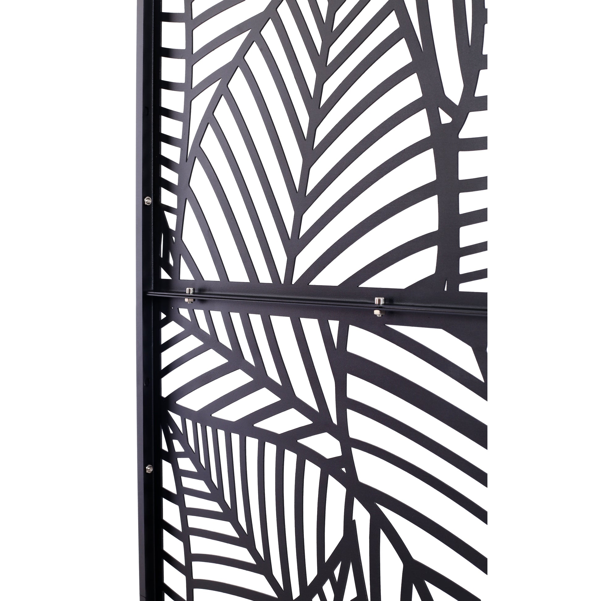 Black metal privacy screen with an intricate leaf pattern design