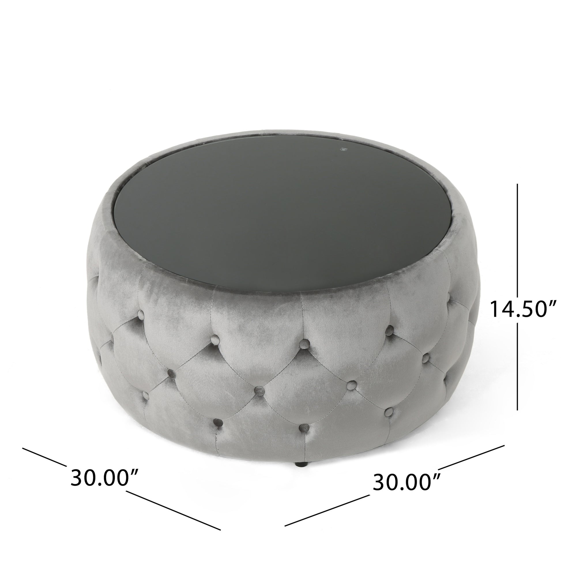 Grey velvet tufted round ottoman with a glass top