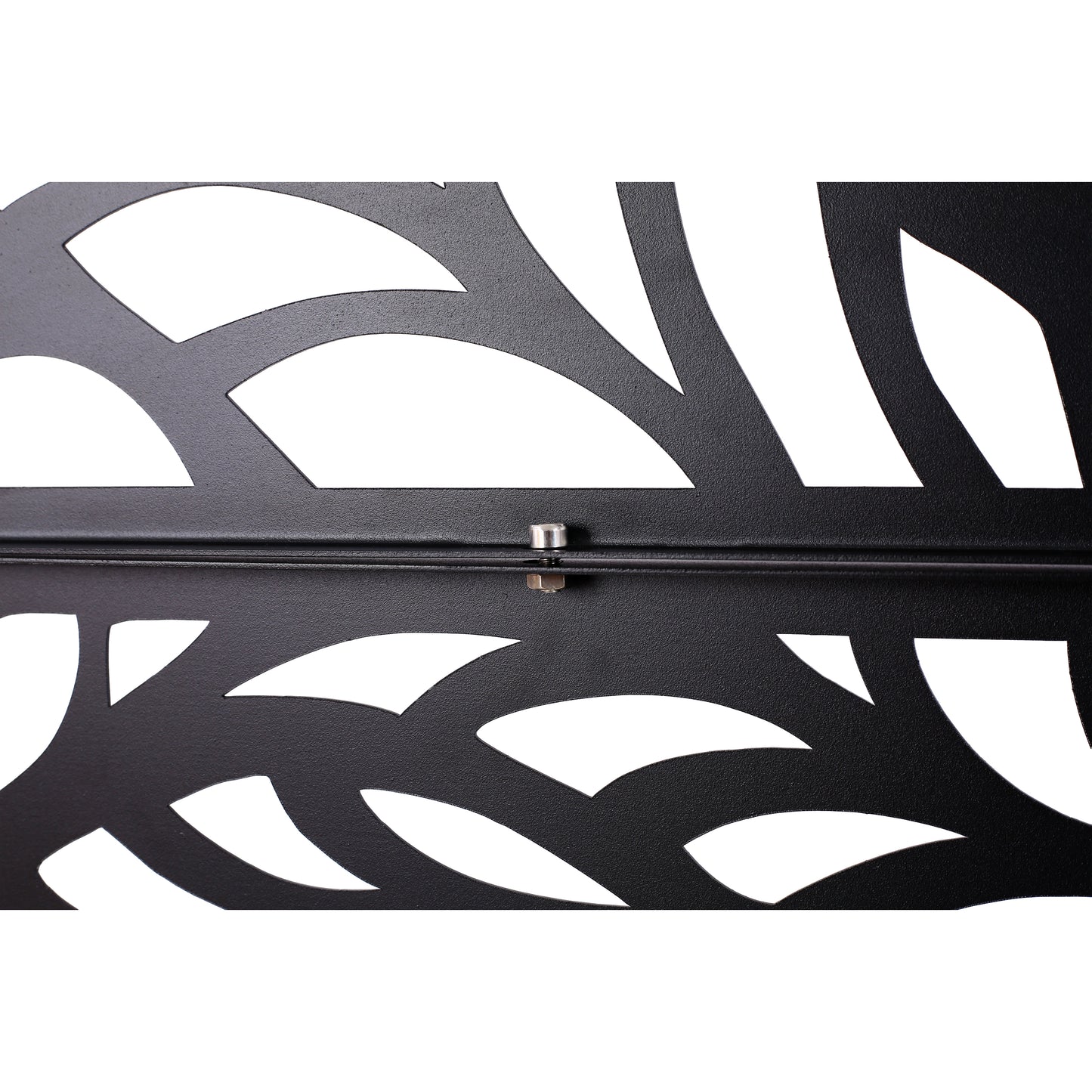 Black metal garden gate panel with leaf cutouts and a central joining bolt